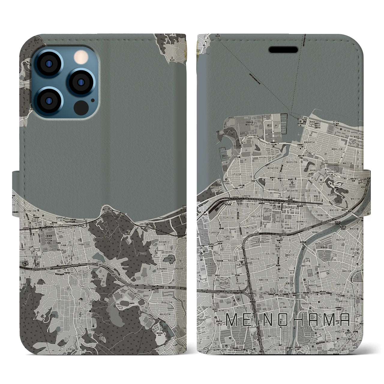 【姪浜(福岡県)】地図柄iPhoneケース(手帳タイプ)モノトーン・iPhone 12 / 12 Pro 用