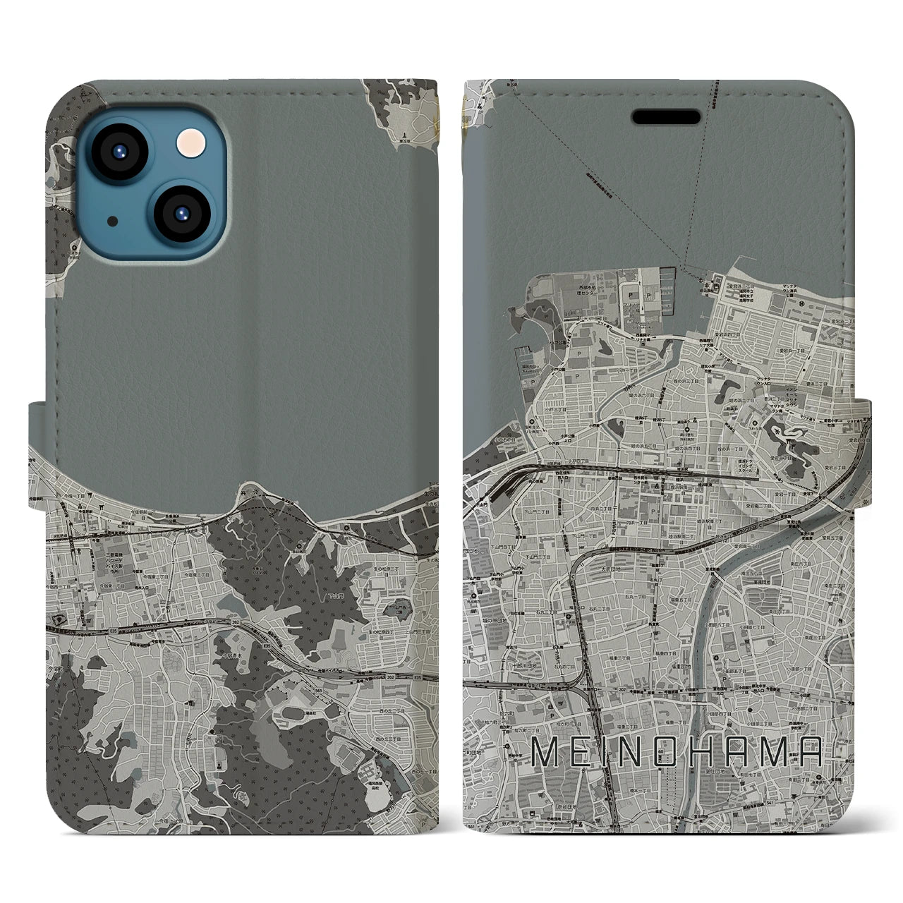 【姪浜(福岡県)】地図柄iPhoneケース(手帳タイプ)モノトーン・iPhone 13 用