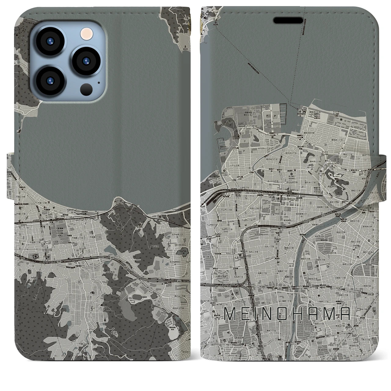 【姪浜(福岡県)】地図柄iPhoneケース(手帳タイプ)モノトーン・iPhone 13 Pro Max 用