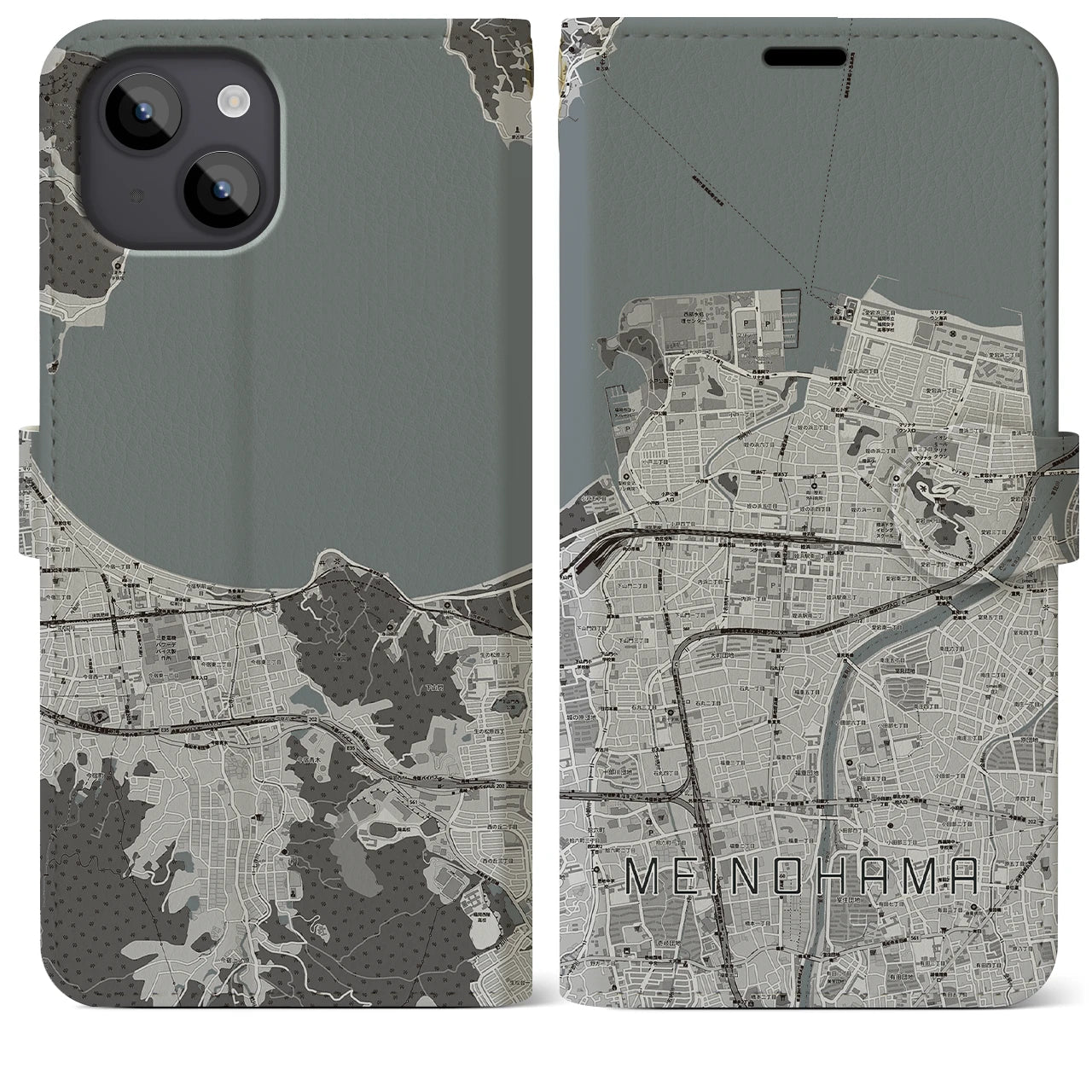 【姪浜(福岡県)】地図柄iPhoneケース(手帳タイプ)モノトーン・iPhone 14 Plus 用