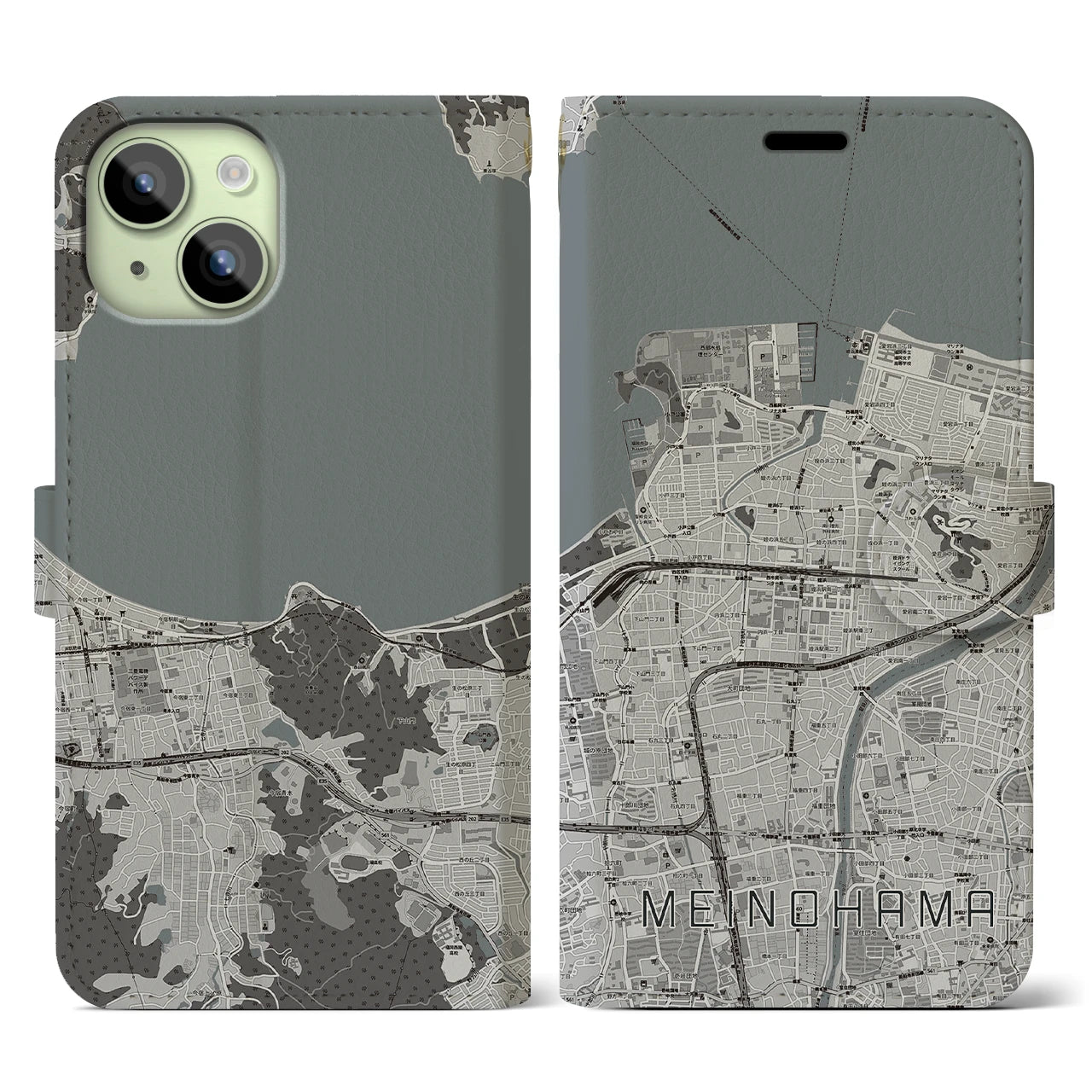【姪浜(福岡県)】地図柄iPhoneケース(手帳タイプ)モノトーン・iPhone 15 用