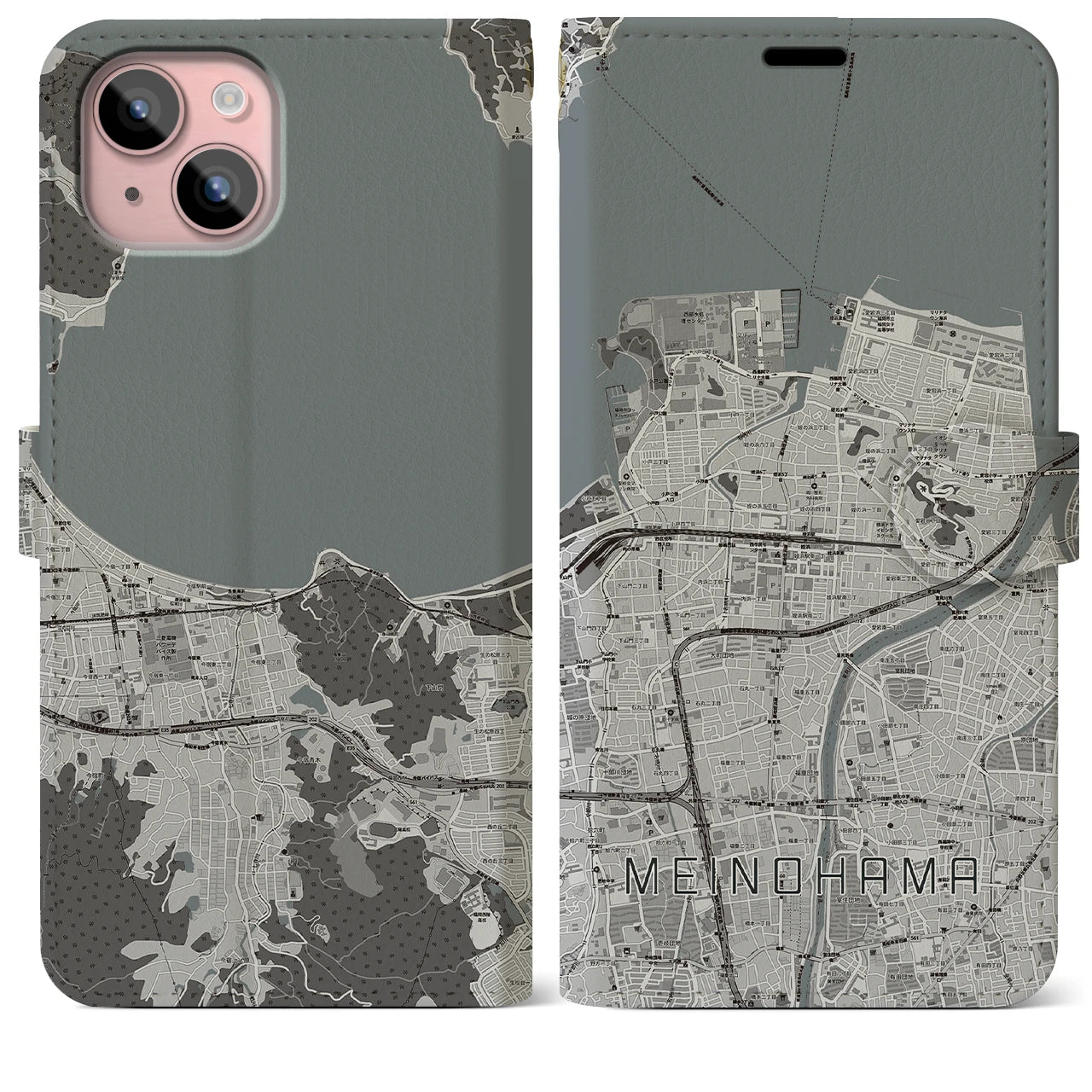【姪浜(福岡県)】地図柄iPhoneケース(手帳タイプ)モノトーン・iPhone 15 Plus 用