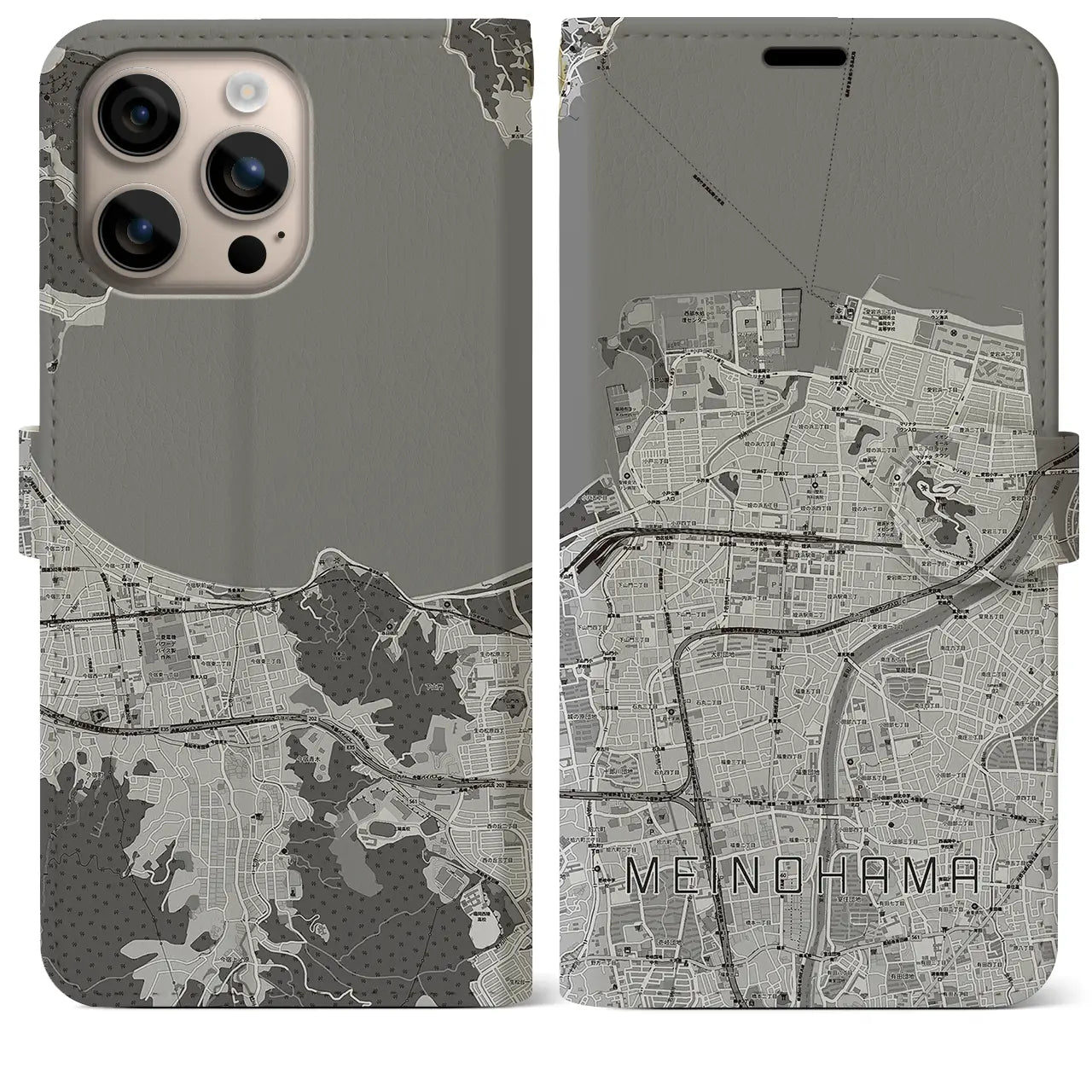【姪浜(福岡県)】地図柄iPhoneケース(手帳タイプ)モノトーン・iPhone 16 Plus 用