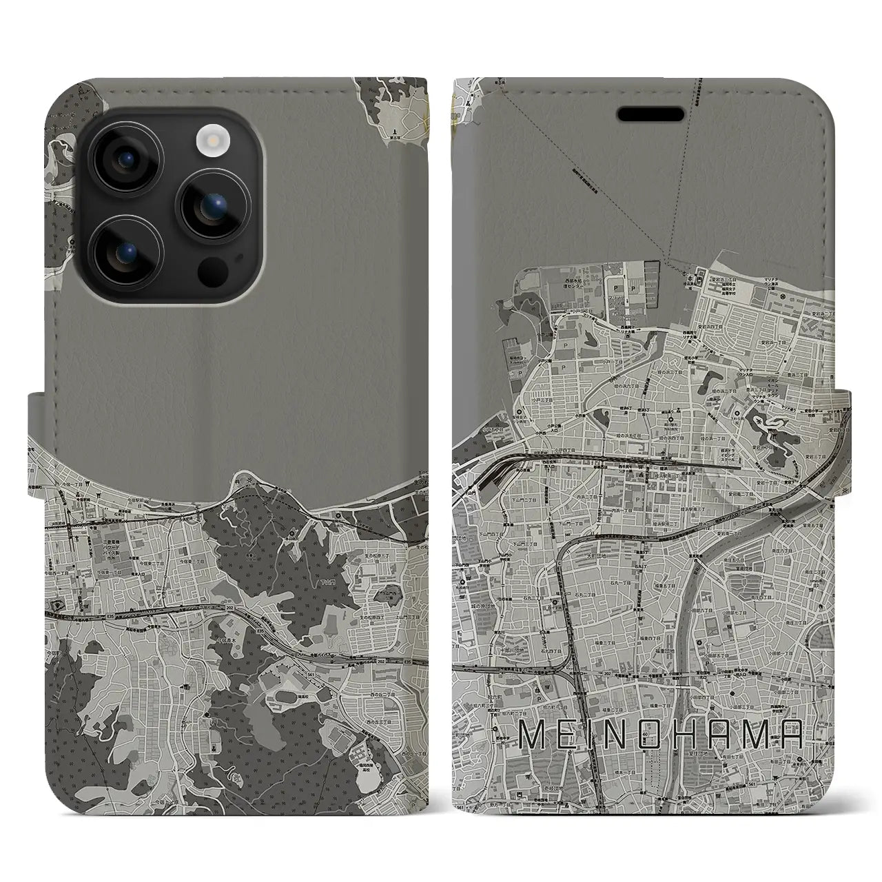 【姪浜(福岡県)】地図柄iPhoneケース(手帳タイプ)モノトーン・iPhone 16 用