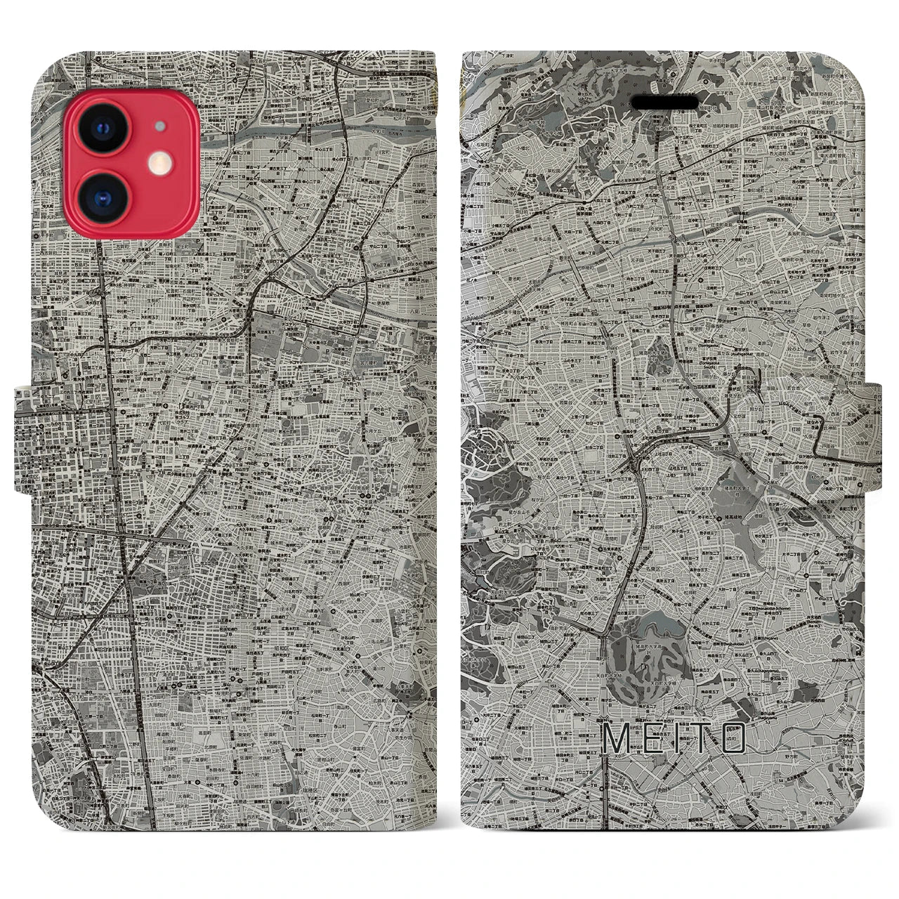 【名東(愛知県)】地図柄iPhoneケース(手帳タイプ)モノトーン・iPhone 11 用