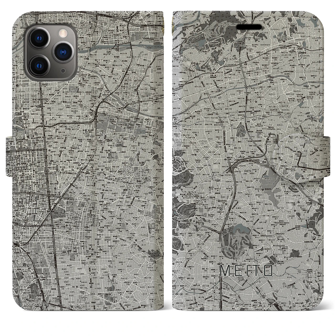 【名東(愛知県)】地図柄iPhoneケース(手帳タイプ)モノトーン・iPhone 11 Pro Max 用