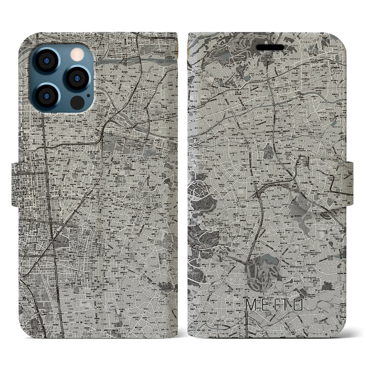 【名東(愛知県)】地図柄iPhoneケース(手帳タイプ)モノトーン・iPhone 12 / 12 Pro 用