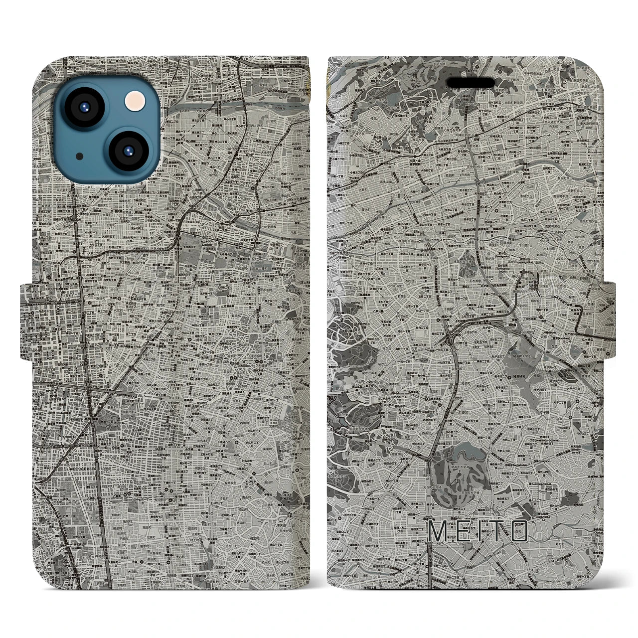 【名東(愛知県)】地図柄iPhoneケース(手帳タイプ)モノトーン・iPhone 13 用