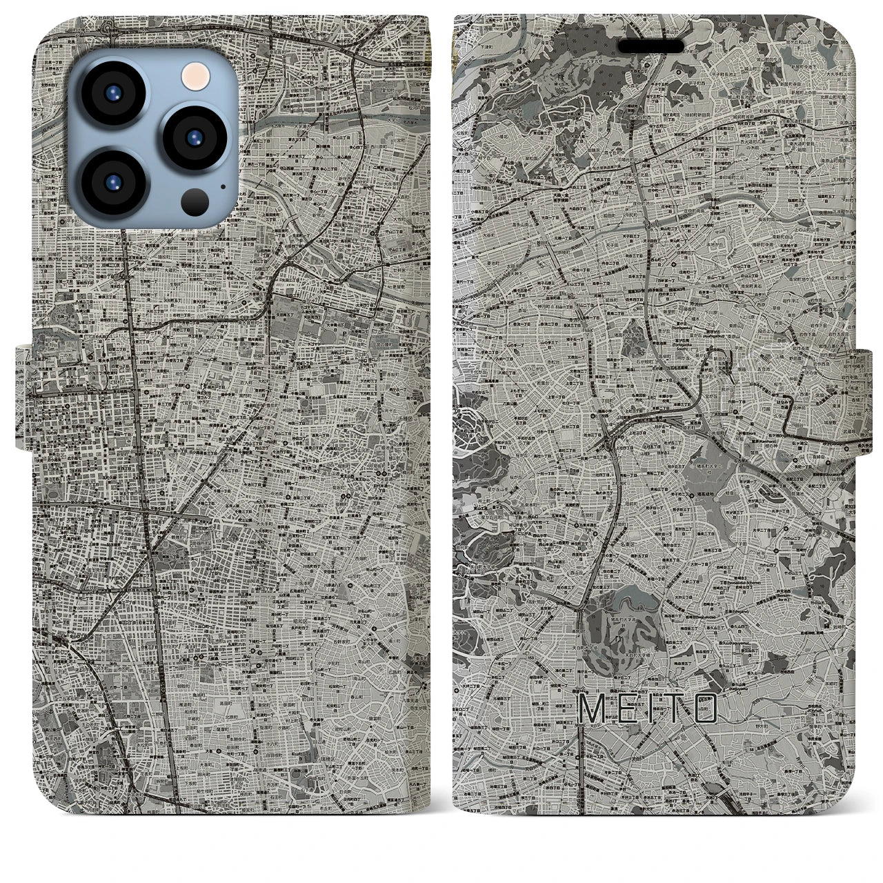 【名東(愛知県)】地図柄iPhoneケース(手帳タイプ)モノトーン・iPhone 13 Pro Max 用