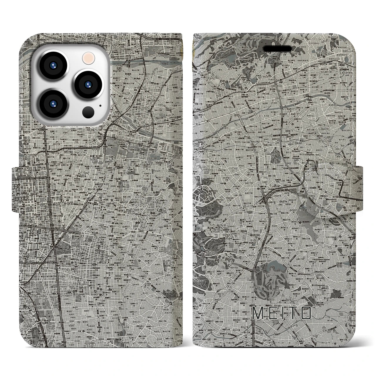【名東(愛知県)】地図柄iPhoneケース(手帳タイプ)モノトーン・iPhone 13 Pro 用