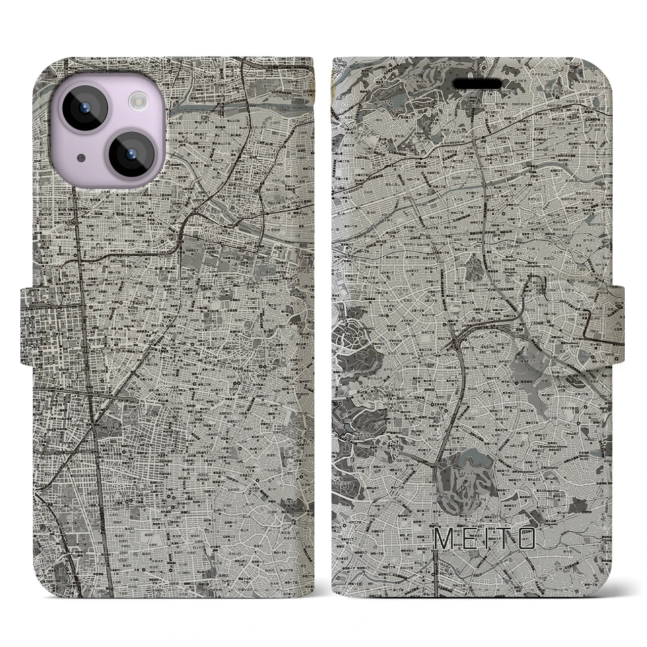 【名東(愛知県)】地図柄iPhoneケース(手帳タイプ)モノトーン・iPhone 14 用