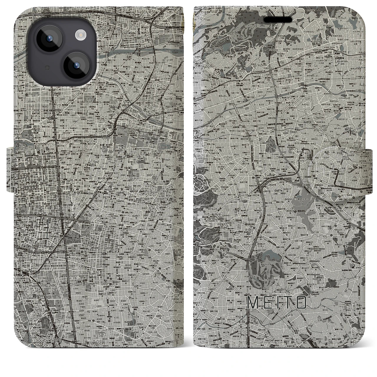 【名東(愛知県)】地図柄iPhoneケース(手帳タイプ)モノトーン・iPhone 14 Plus 用