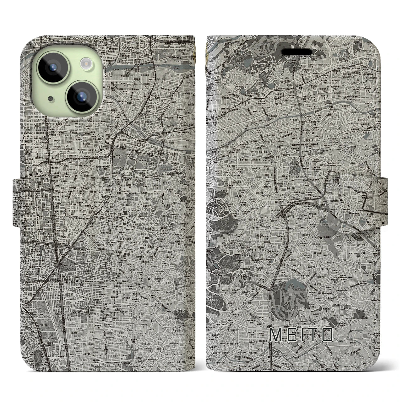 【名東(愛知県)】地図柄iPhoneケース(手帳タイプ)モノトーン・iPhone 15 用