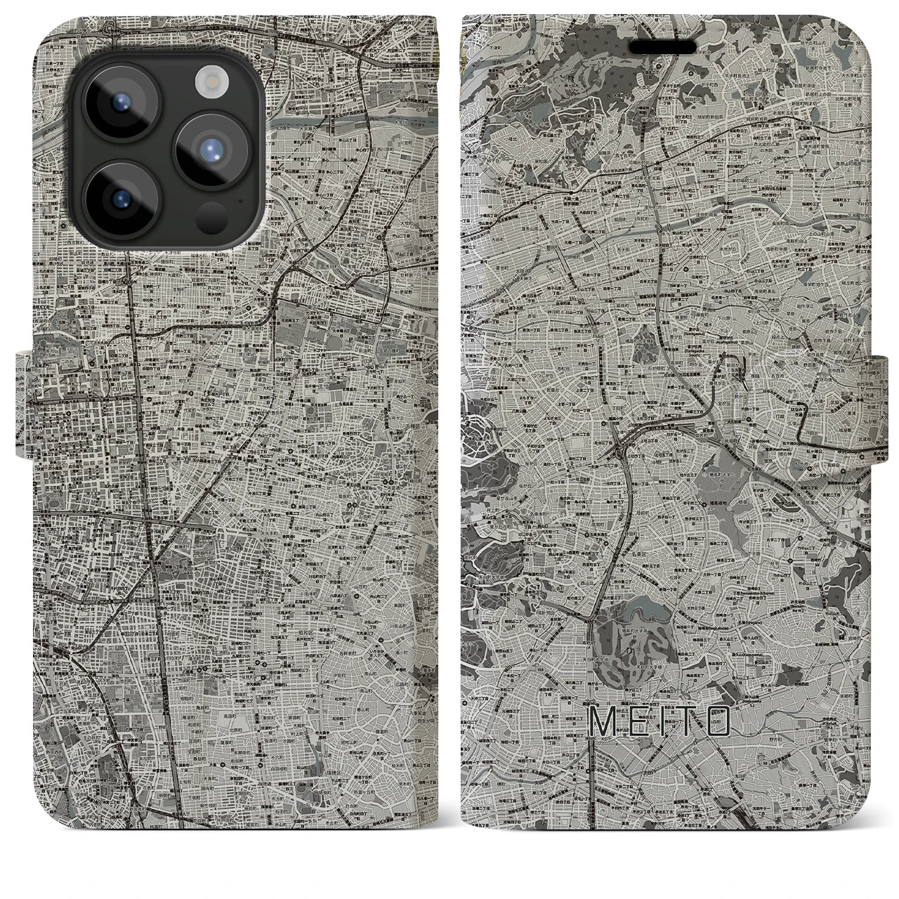 【名東(愛知県)】地図柄iPhoneケース(手帳タイプ)モノトーン・iPhone 15 Pro Max 用