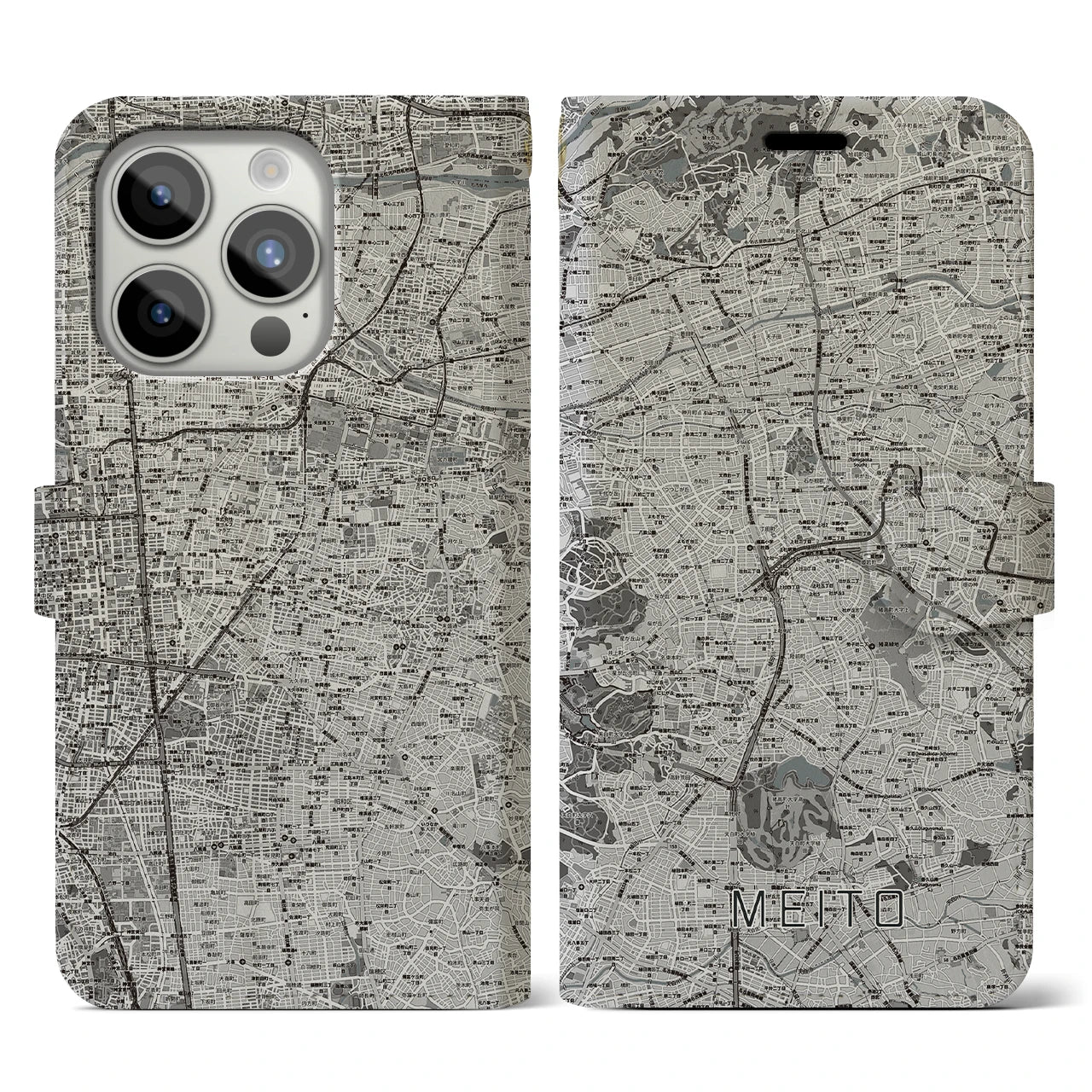 【名東(愛知県)】地図柄iPhoneケース(手帳タイプ)モノトーン・iPhone 15 Pro 用