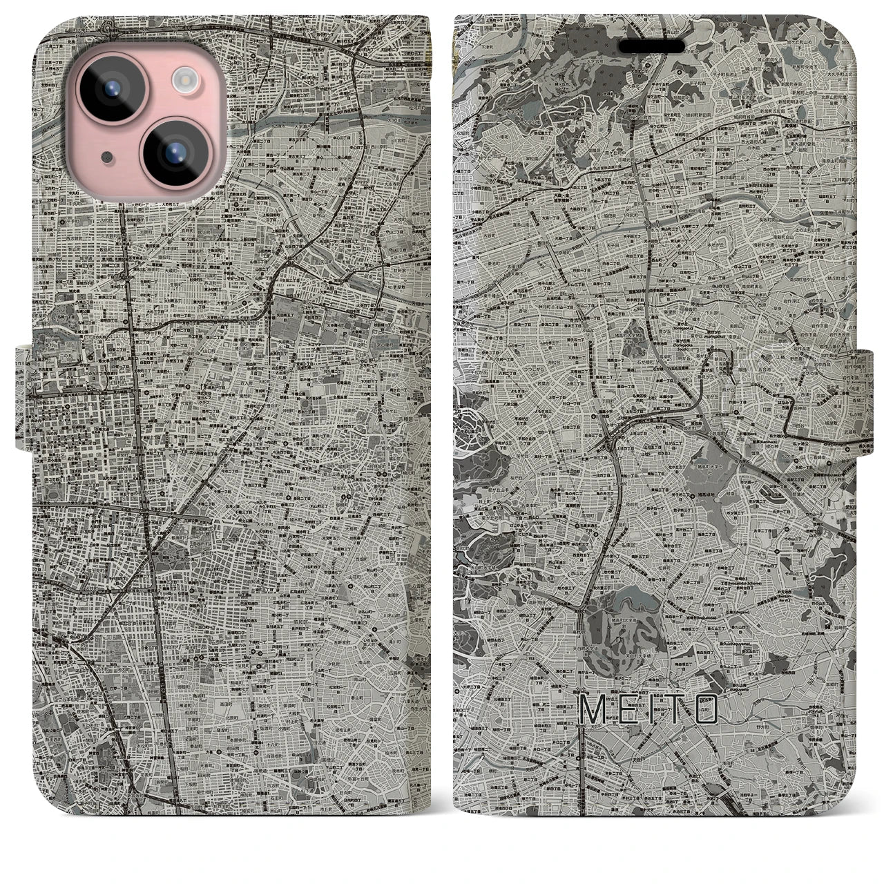 【名東(愛知県)】地図柄iPhoneケース(手帳タイプ)モノトーン・iPhone 15 Plus 用