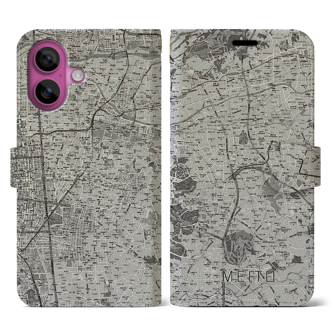 【名東(愛知県)】地図柄iPhoneケース(手帳タイプ)モノトーン・iPhone 16 Pro 用