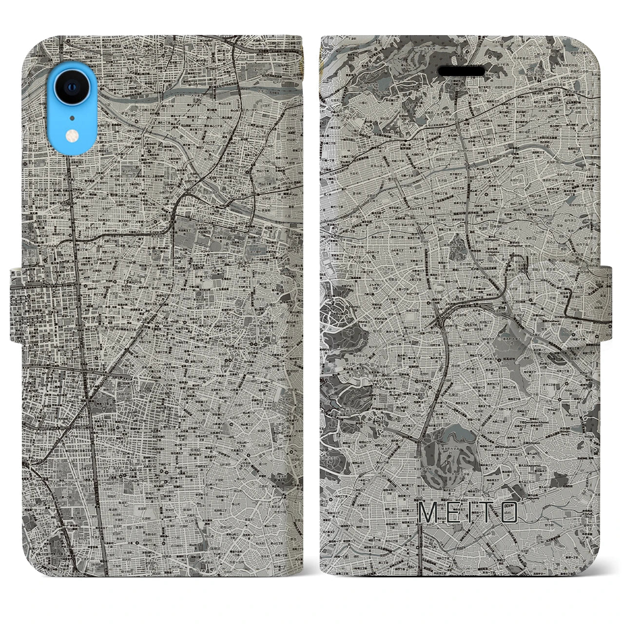 【名東(愛知県)】地図柄iPhoneケース(手帳タイプ)モノトーン・iPhone XR 用