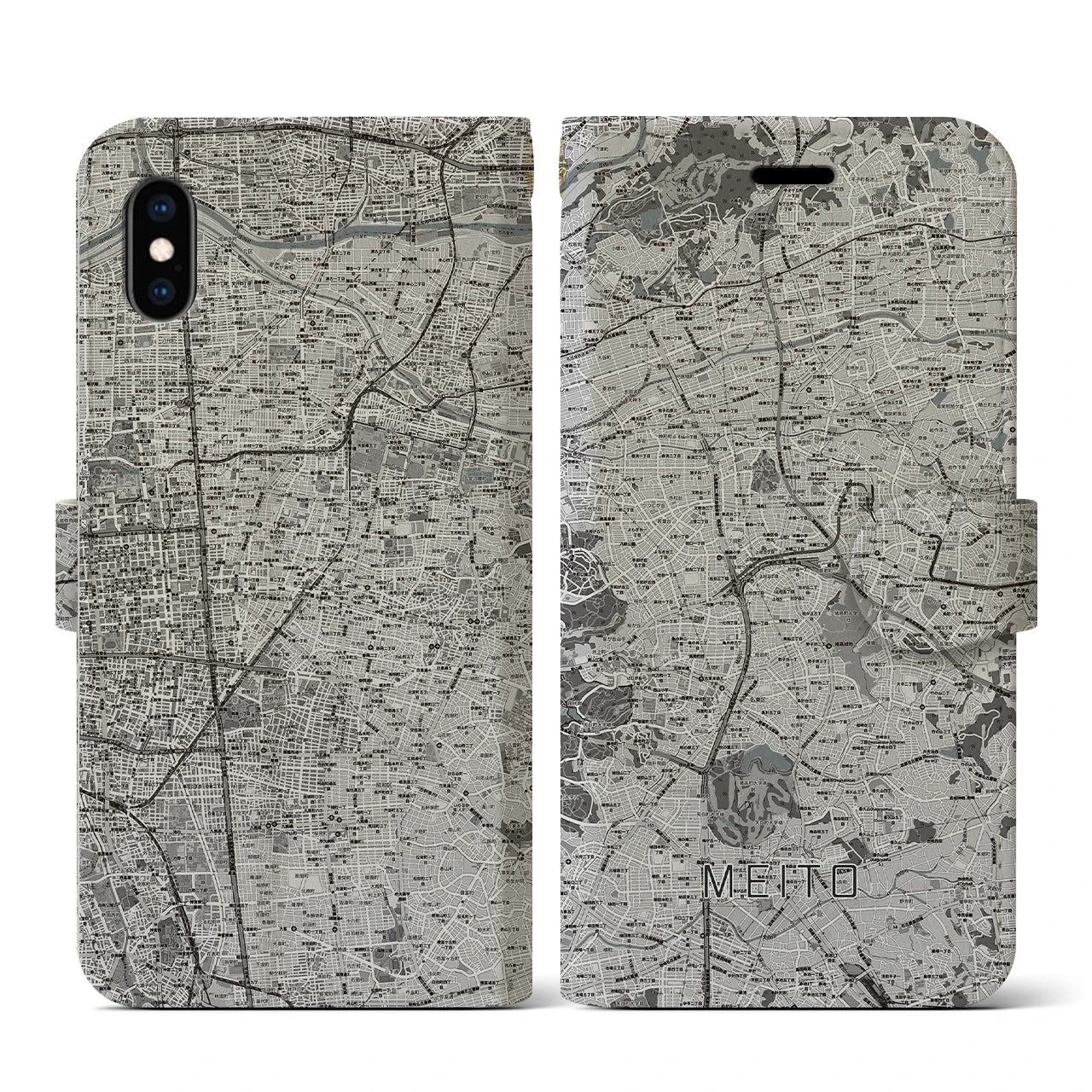 【名東(愛知県)】地図柄iPhoneケース(手帳タイプ)モノトーン・iPhone XS / X 用