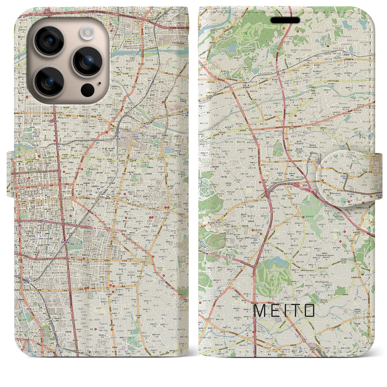 【名東(愛知県)】地図柄iPhoneケース(手帳タイプ)ナチュラル・iPhone 16 Plus 用