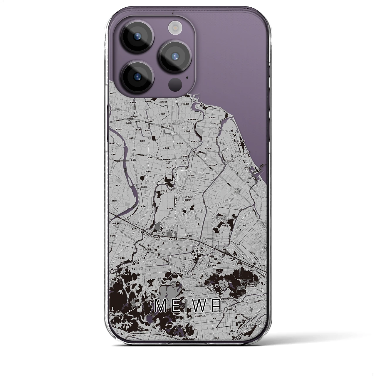 【明和(三重県)】地図柄iPhoneケース(クリアタイプ)モノトーン・iPhone 14 Pro Max 用