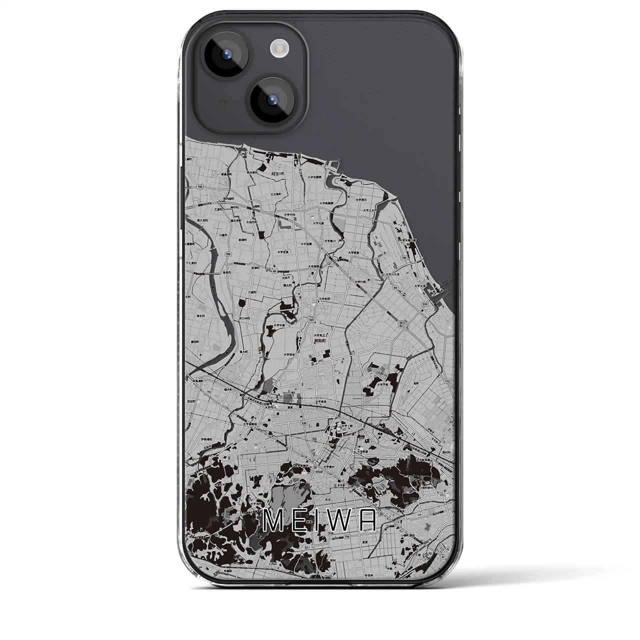 【明和(三重県)】地図柄iPhoneケース(クリアタイプ)モノトーン・iPhone 14 Plus 用