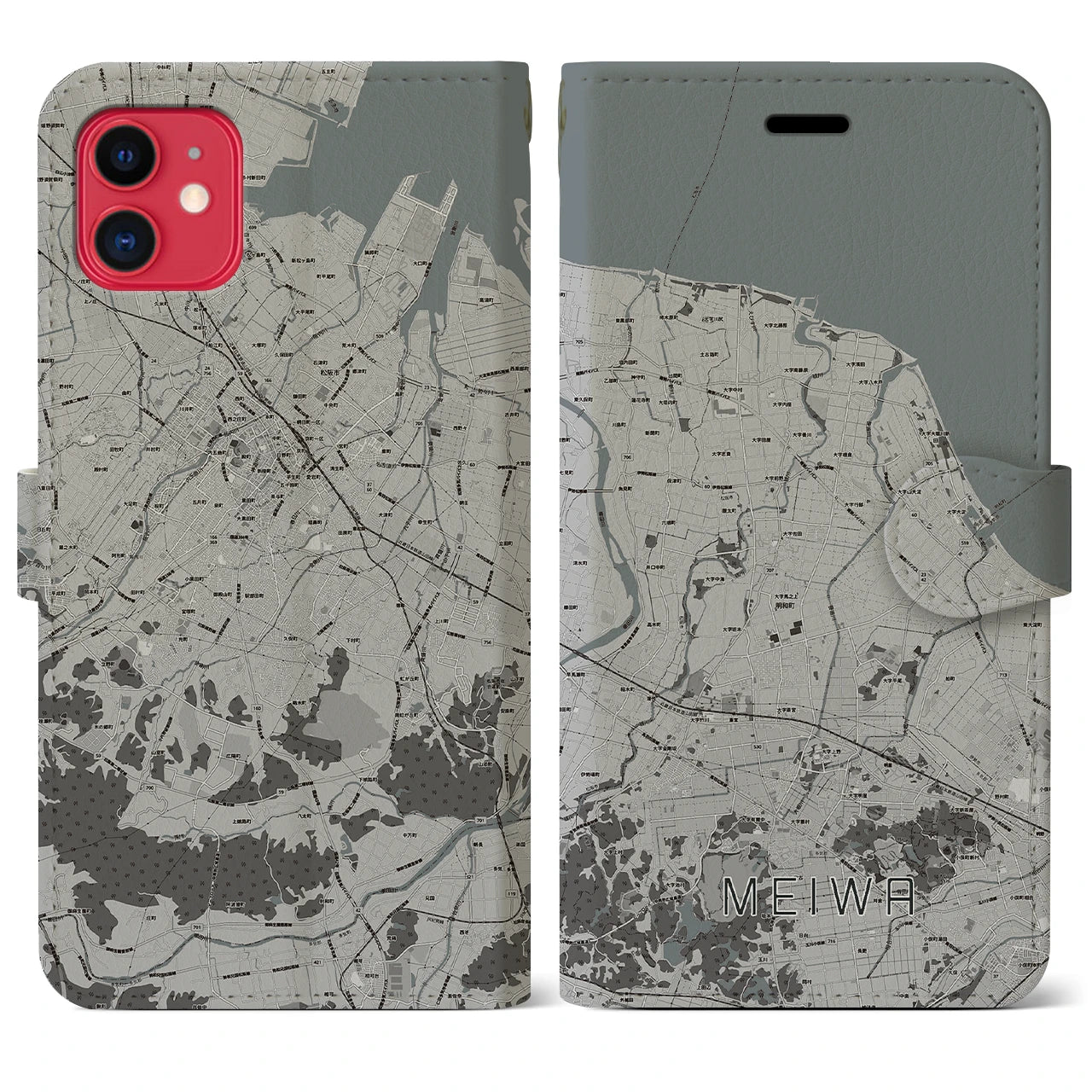 【明和(三重県)】地図柄iPhoneケース(手帳タイプ)モノトーン・iPhone 11 用