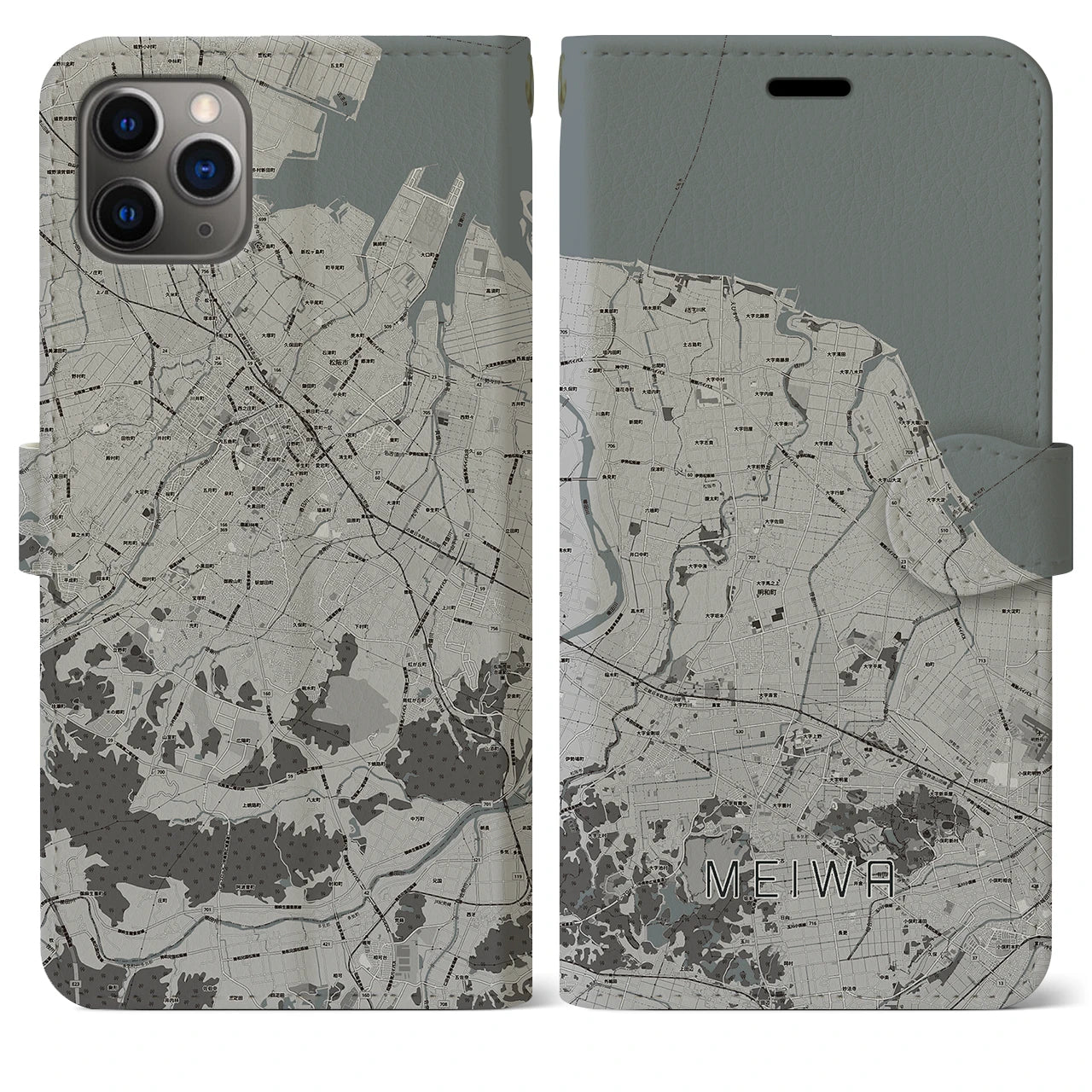 【明和(三重県)】地図柄iPhoneケース(手帳タイプ)モノトーン・iPhone 11 Pro Max 用