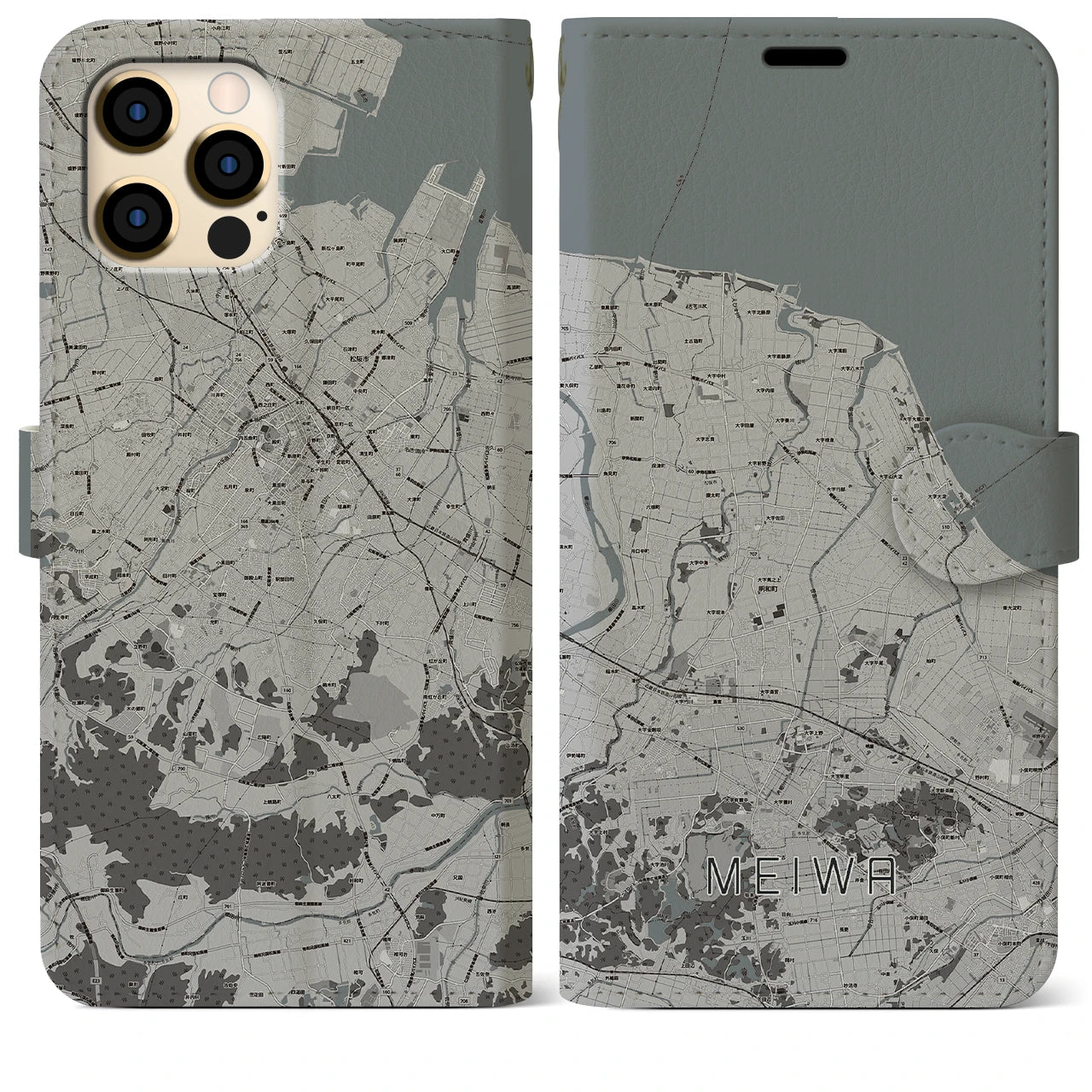 【明和(三重県)】地図柄iPhoneケース(手帳タイプ)モノトーン・iPhone 12 Pro Max 用