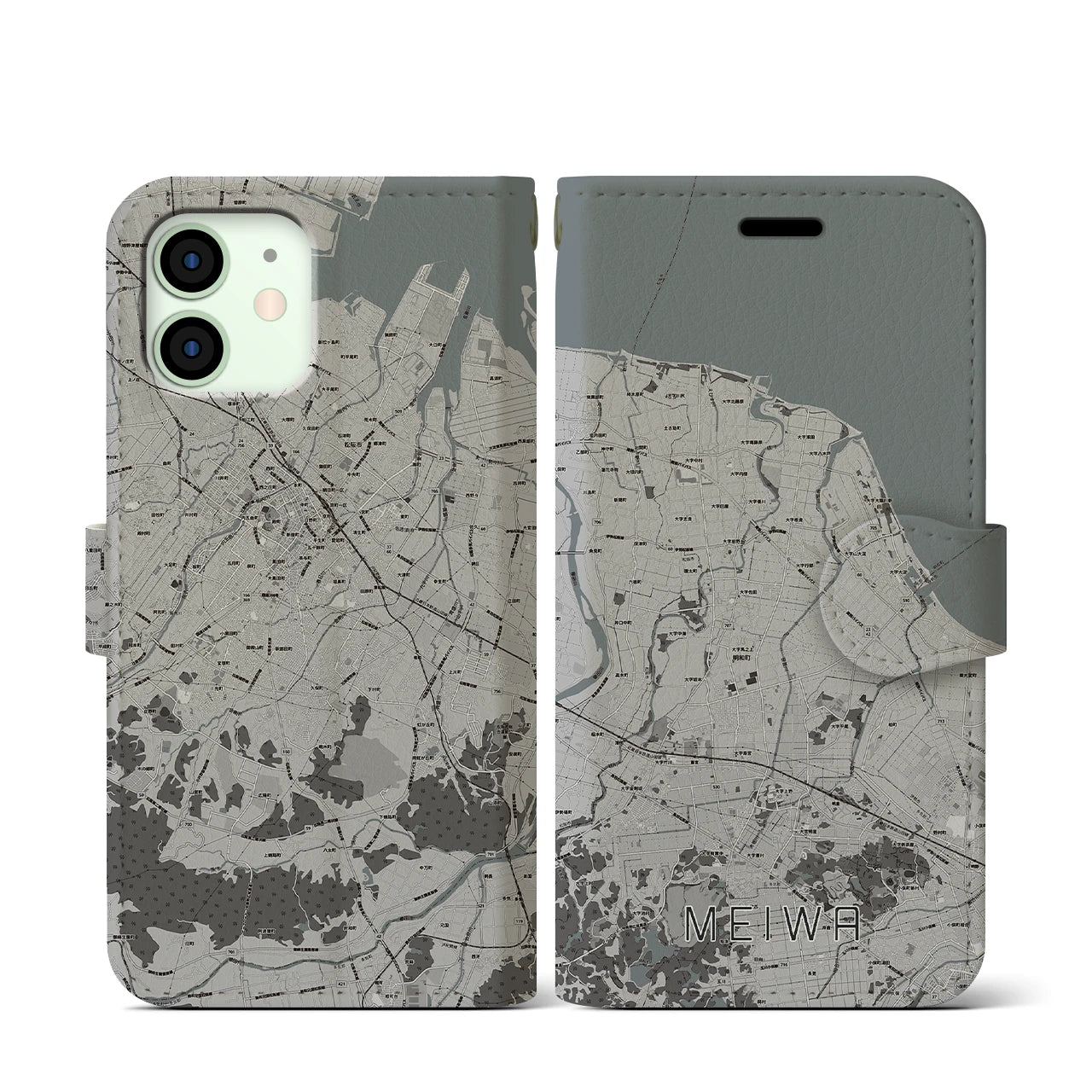 【明和(三重県)】地図柄iPhoneケース(手帳タイプ)モノトーン・iPhone 12 mini 用