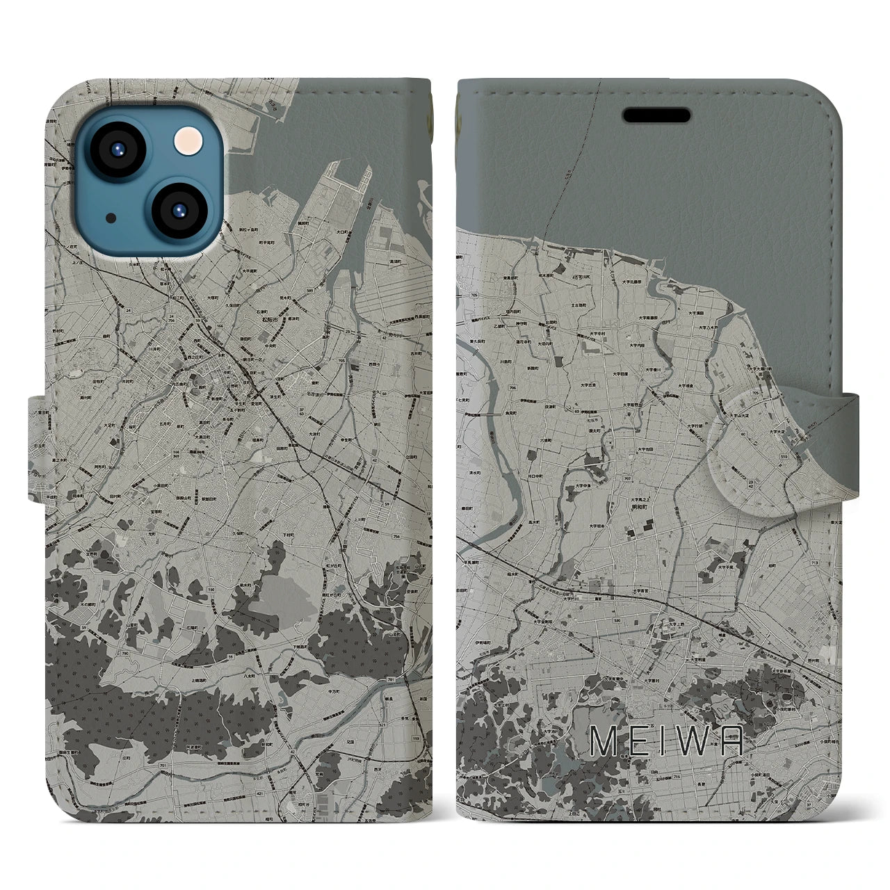 【明和(三重県)】地図柄iPhoneケース(手帳タイプ)モノトーン・iPhone 13 用