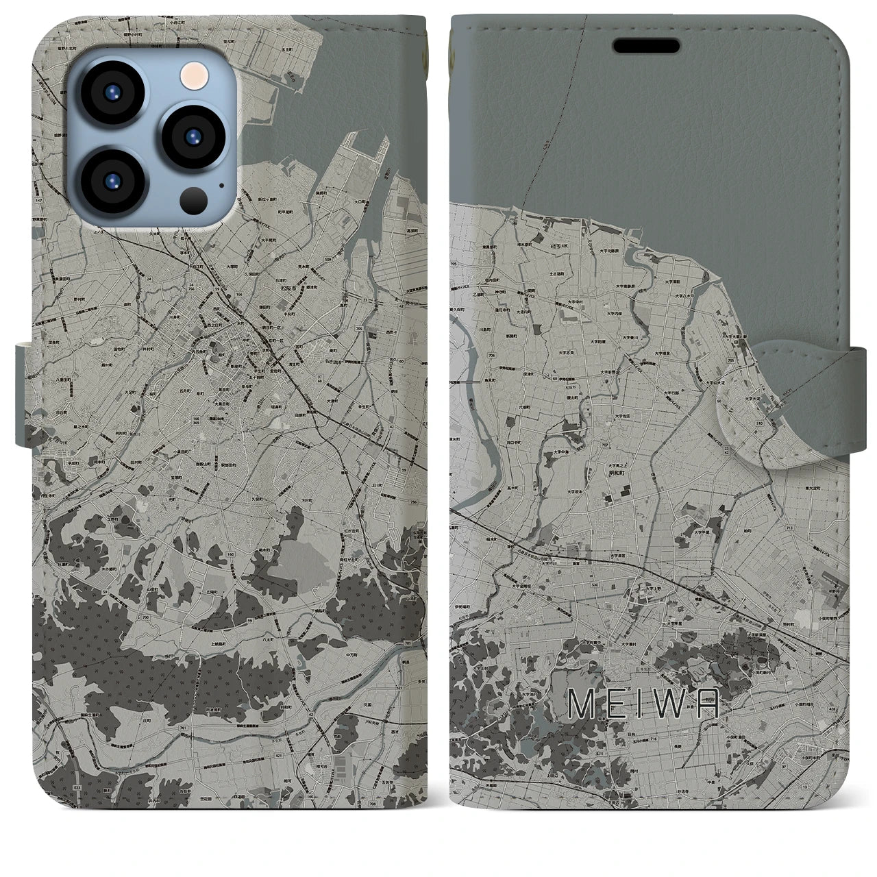 【明和(三重県)】地図柄iPhoneケース(手帳タイプ)モノトーン・iPhone 13 Pro Max 用