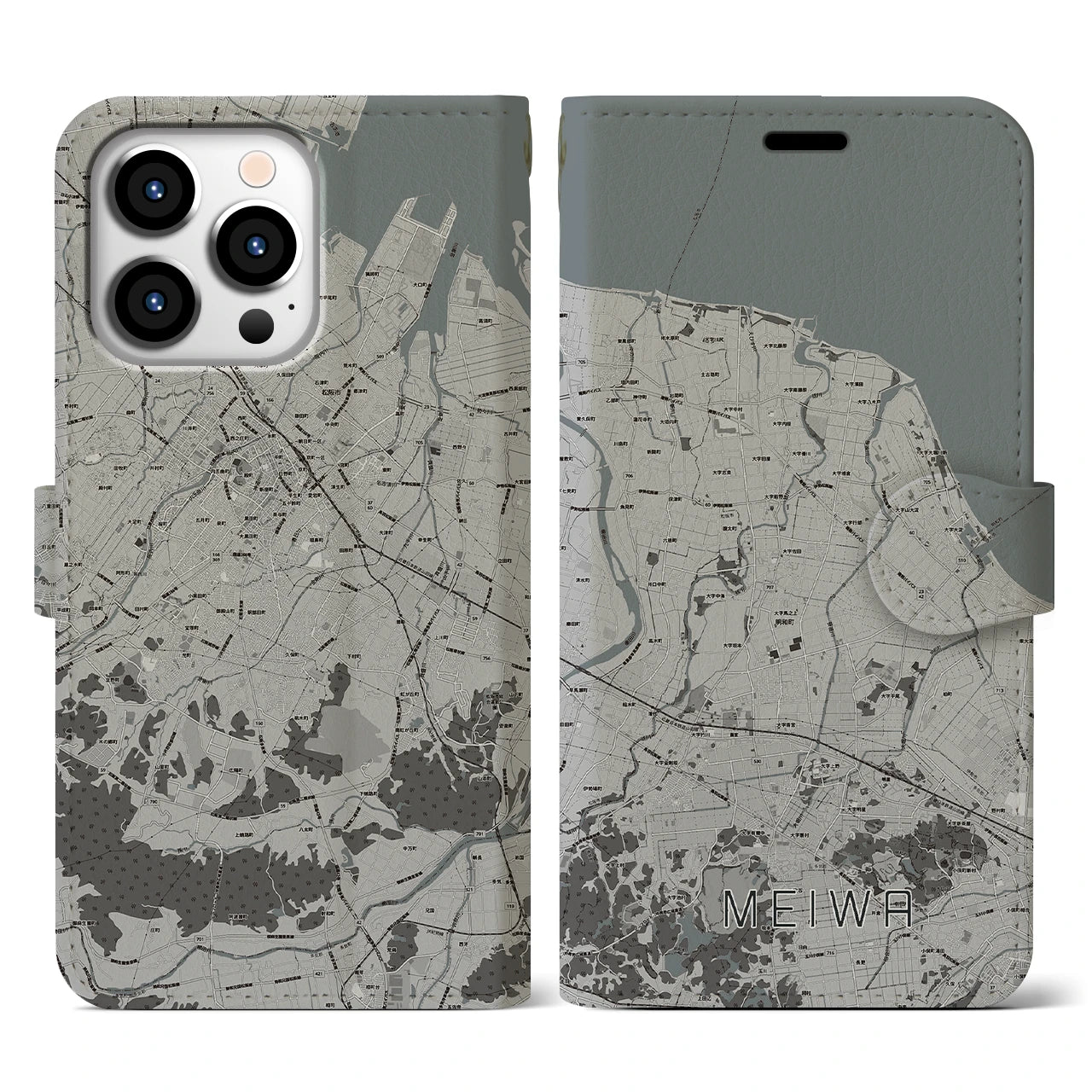 【明和(三重県)】地図柄iPhoneケース(手帳タイプ)モノトーン・iPhone 13 Pro 用