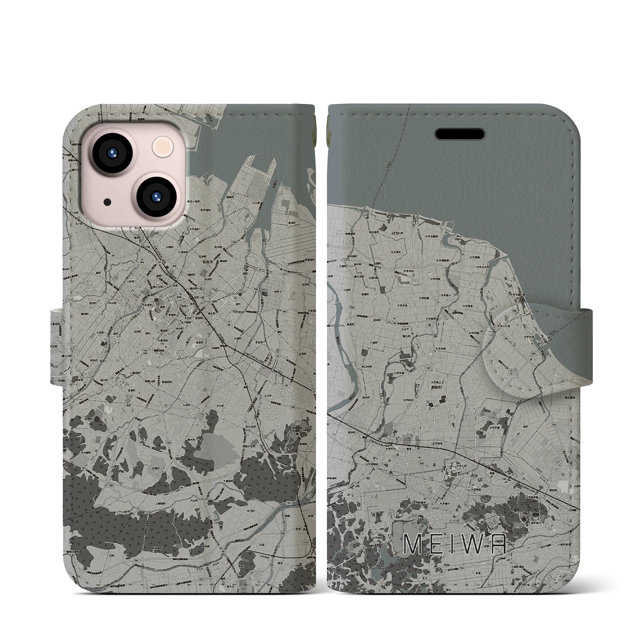 【明和(三重県)】地図柄iPhoneケース(手帳タイプ)モノトーン・iPhone 13 mini 用
