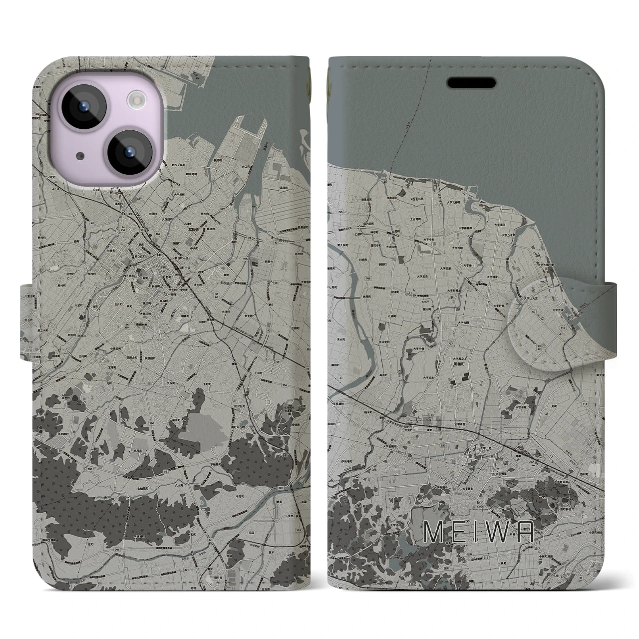 【明和(三重県)】地図柄iPhoneケース(手帳タイプ)モノトーン・iPhone 14 用