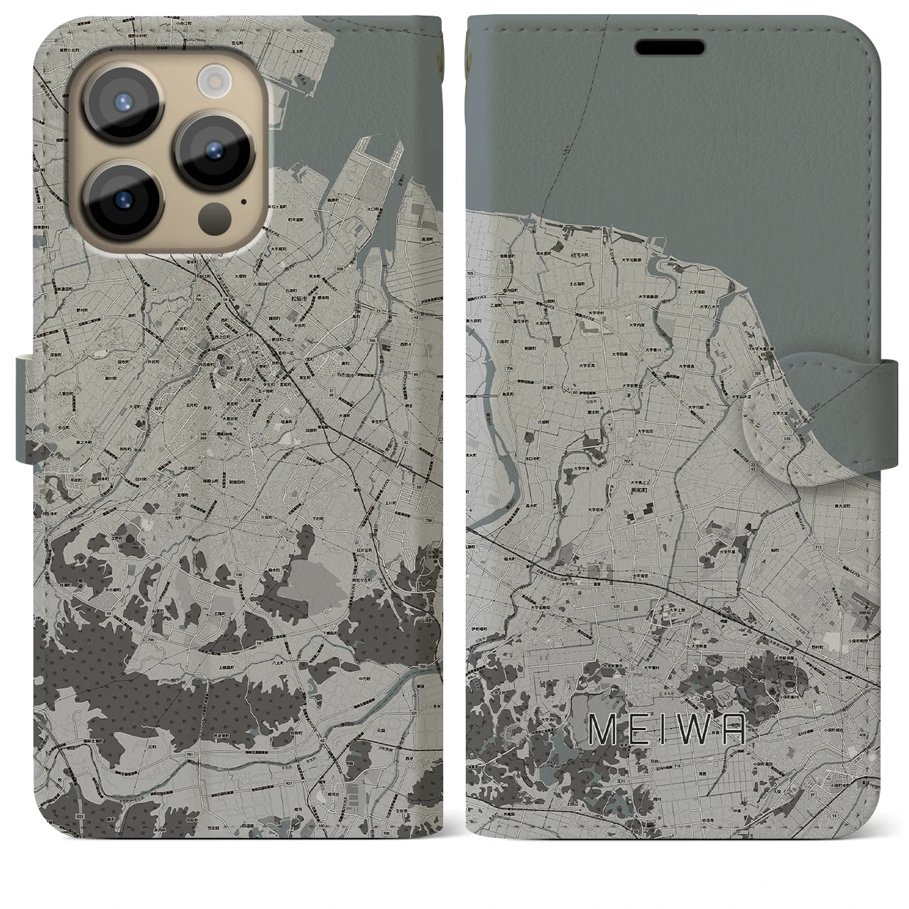 【明和(三重県)】地図柄iPhoneケース(手帳タイプ)モノトーン・iPhone 14 Pro Max 用