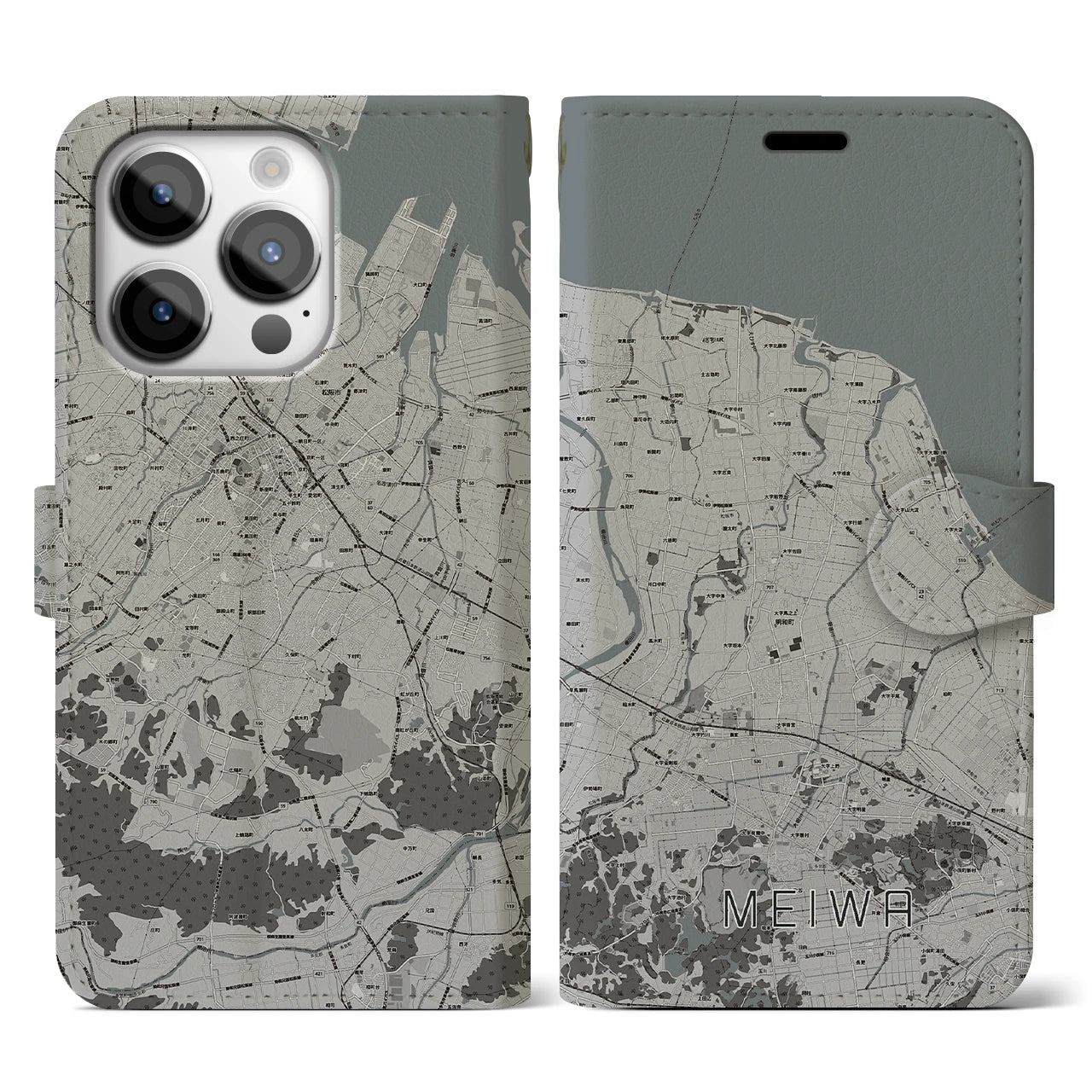 【明和(三重県)】地図柄iPhoneケース(手帳タイプ)モノトーン・iPhone 14 Pro 用