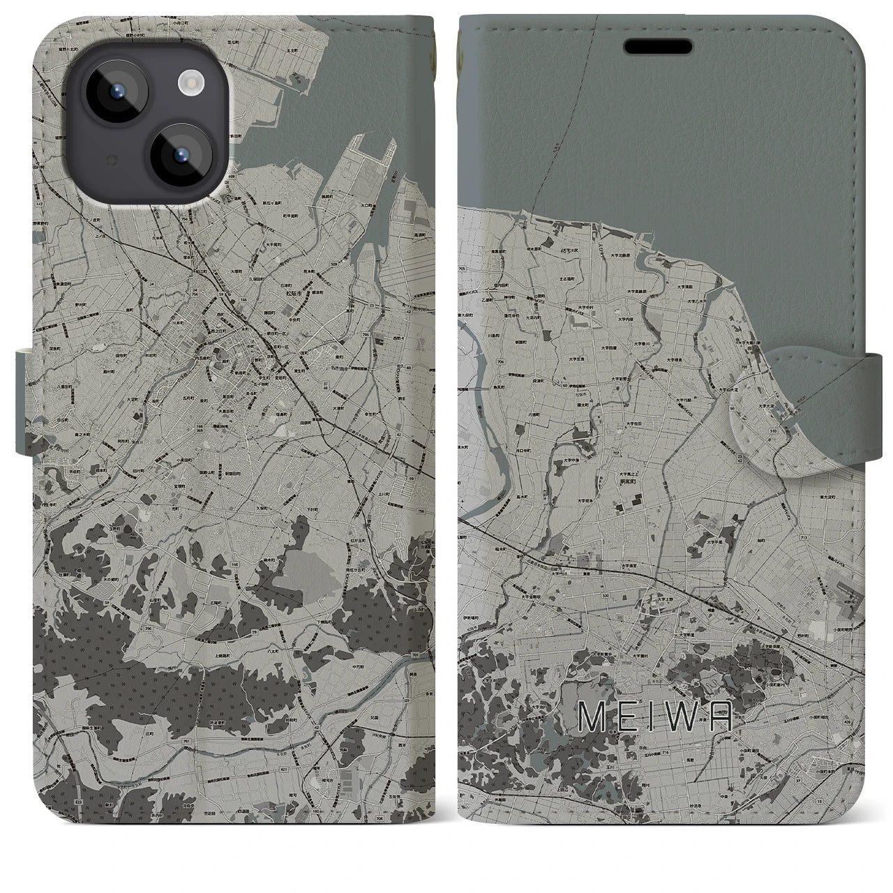 【明和(三重県)】地図柄iPhoneケース(手帳タイプ)モノトーン・iPhone 14 Plus 用