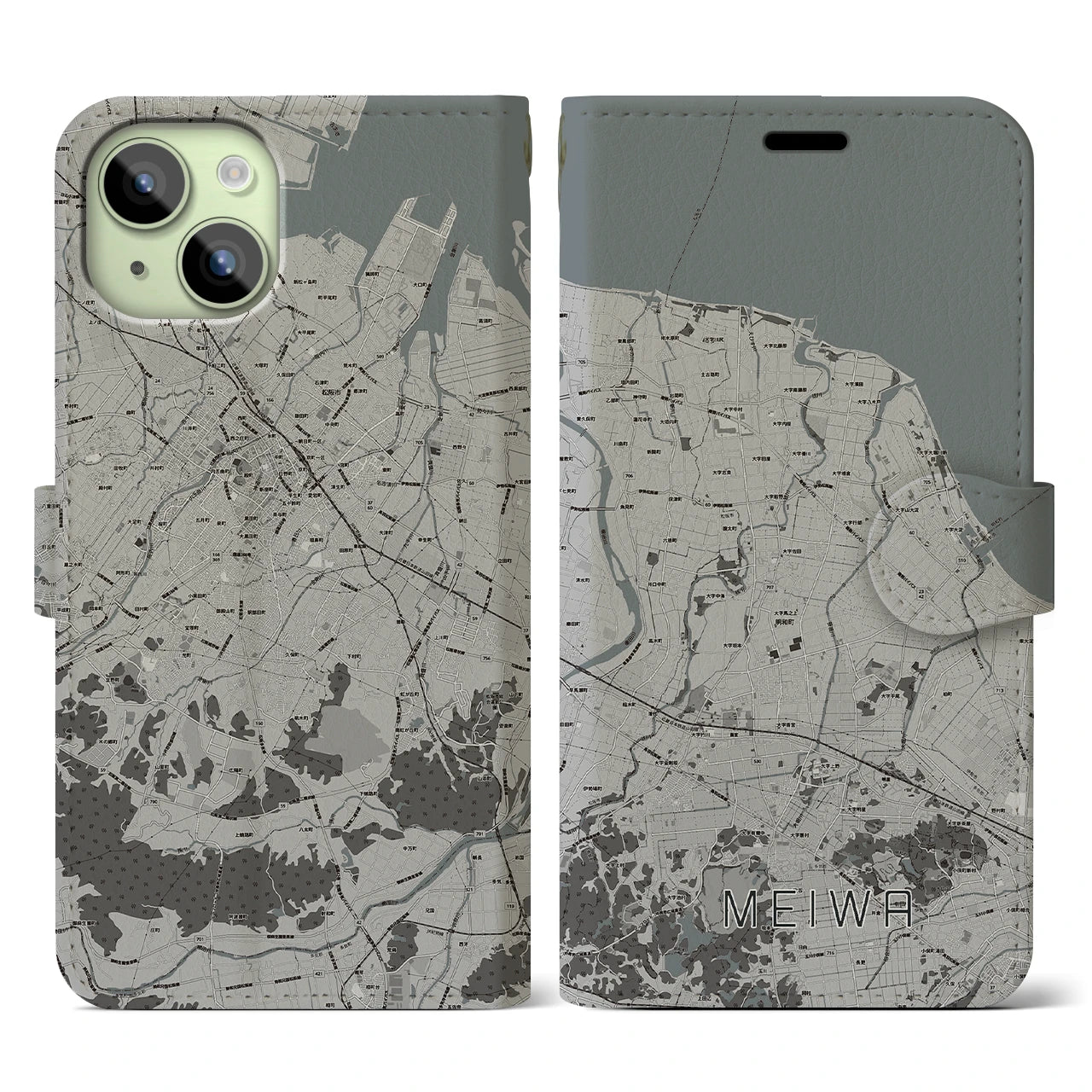 【明和(三重県)】地図柄iPhoneケース(手帳タイプ)モノトーン・iPhone 15 用
