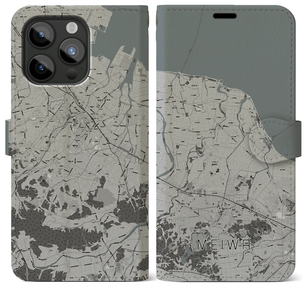 【明和(三重県)】地図柄iPhoneケース(手帳タイプ)モノトーン・iPhone 15 Pro Max 用
