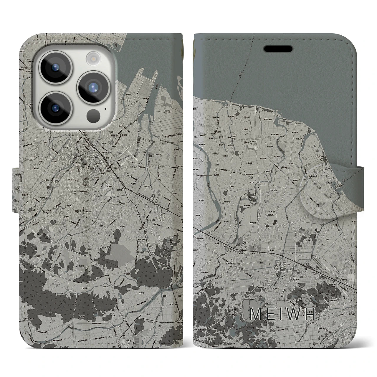 【明和(三重県)】地図柄iPhoneケース(手帳タイプ)モノトーン・iPhone 15 Pro 用