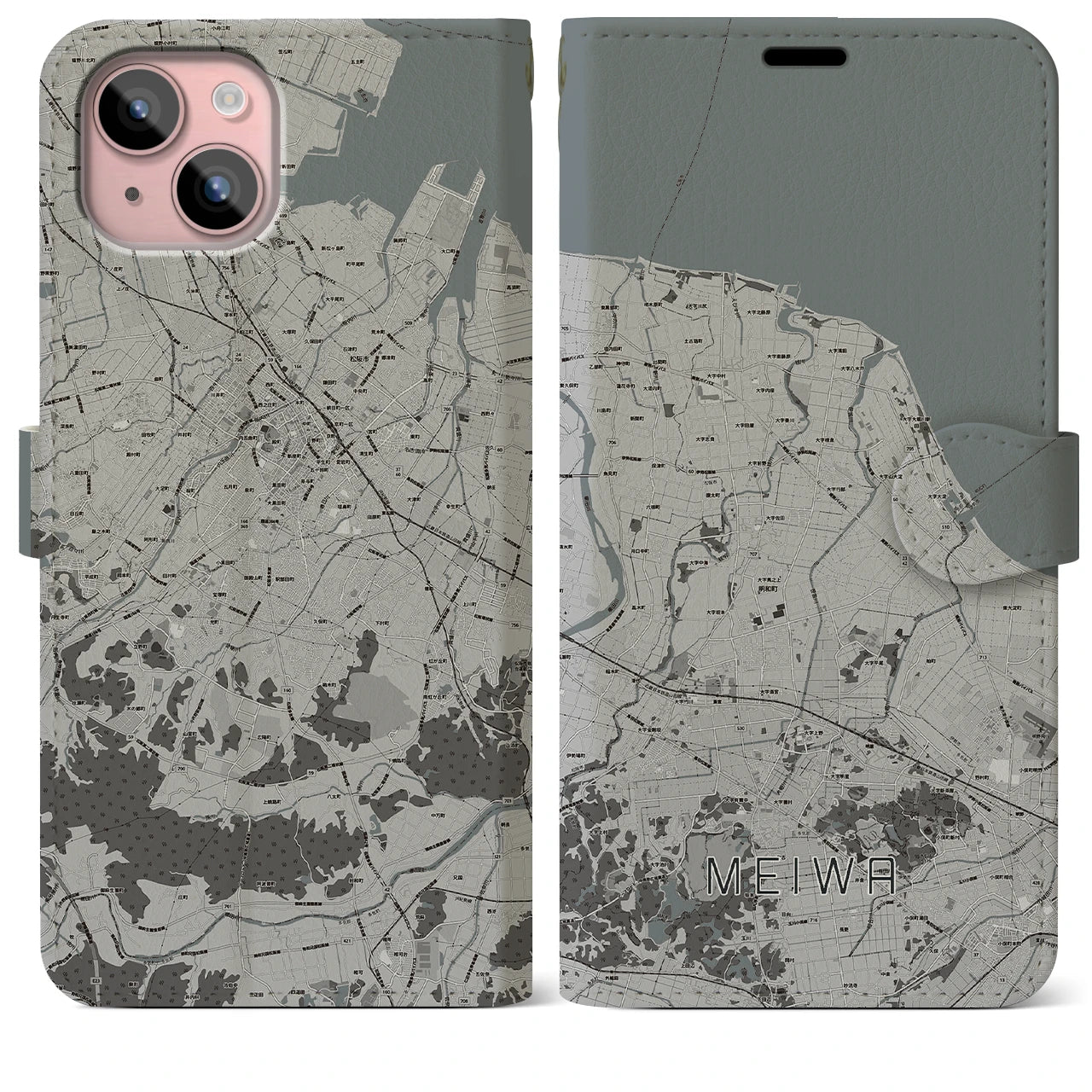 【明和(三重県)】地図柄iPhoneケース(手帳タイプ)モノトーン・iPhone 15 Plus 用