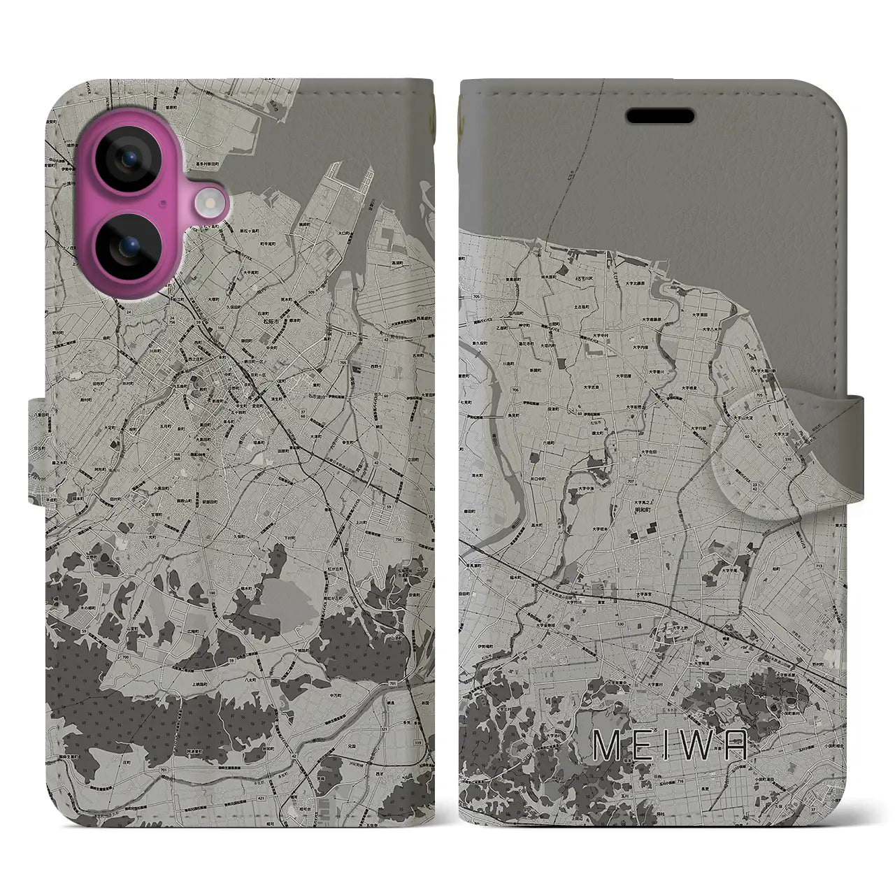 【明和(三重県)】地図柄iPhoneケース(手帳タイプ)モノトーン・iPhone 16 Pro 用