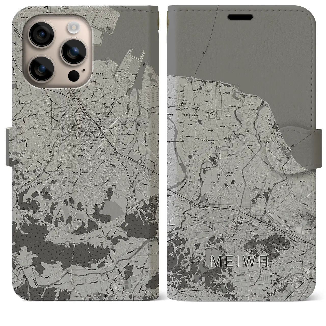 【明和(三重県)】地図柄iPhoneケース(手帳タイプ)モノトーン・iPhone 16 Plus 用