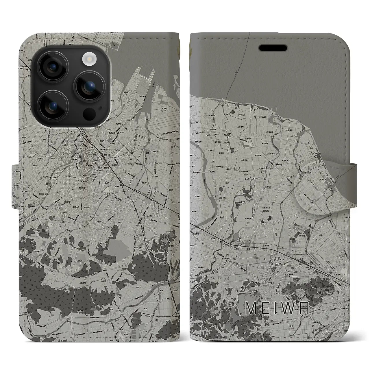 【明和(三重県)】地図柄iPhoneケース(手帳タイプ)モノトーン・iPhone 16 用