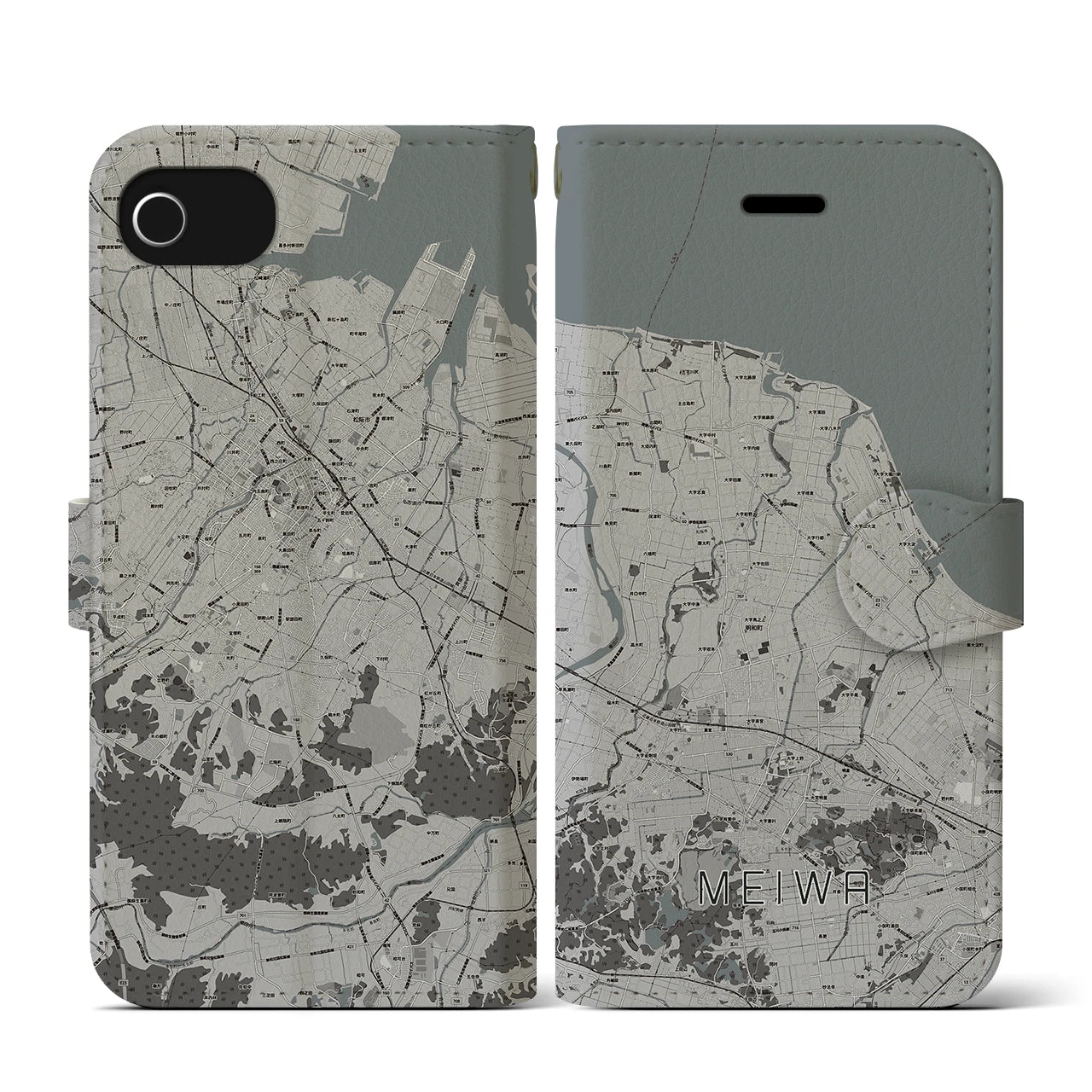 【明和(三重県)】地図柄iPhoneケース(手帳タイプ)モノトーン・iPhone SE(第3 / 第2世代) / 8 / 7 / 6s / 6 用