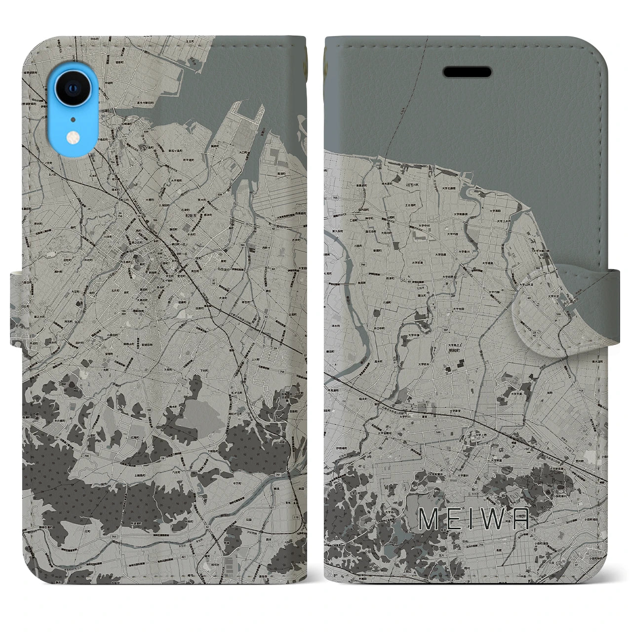 【明和(三重県)】地図柄iPhoneケース(手帳タイプ)モノトーン・iPhone XR 用