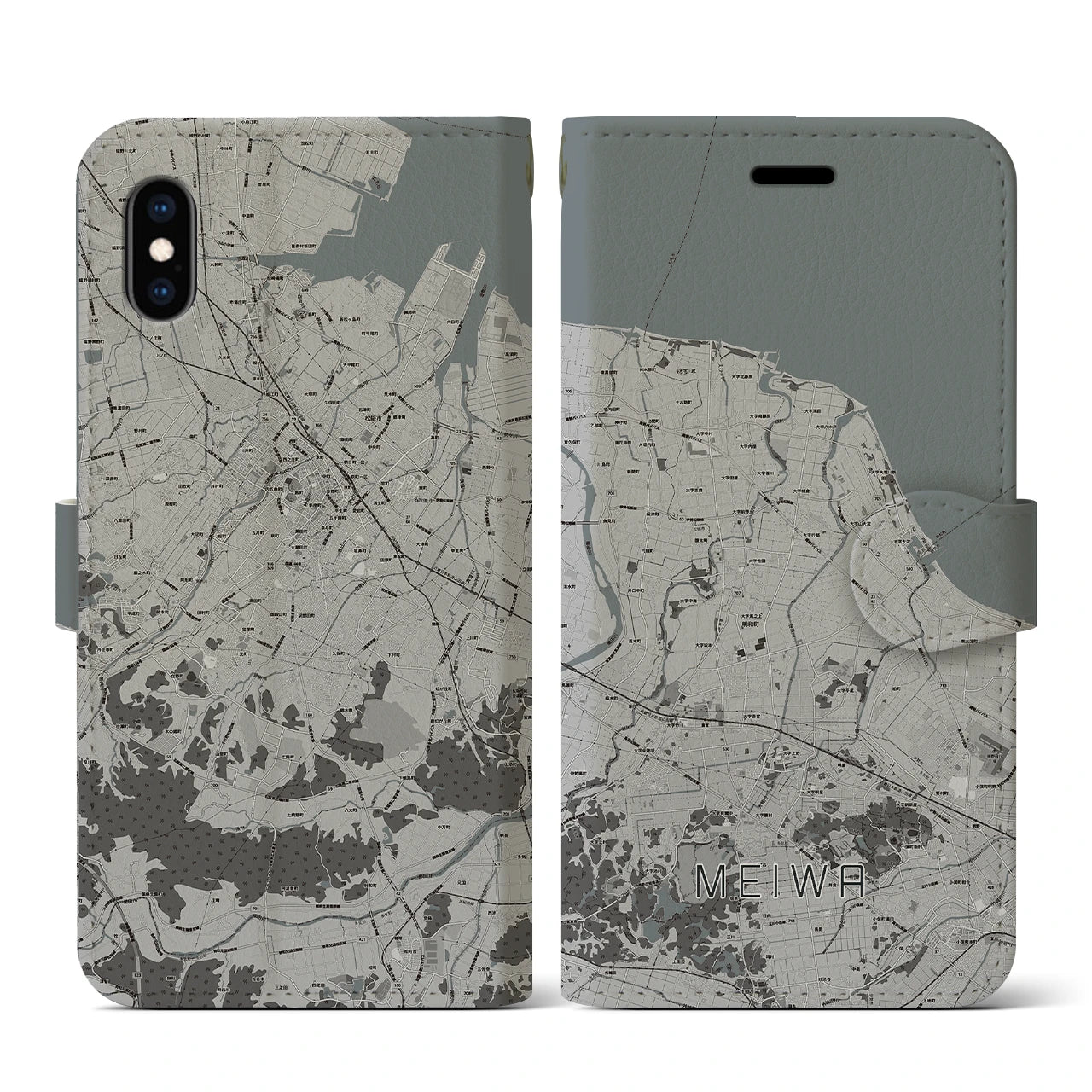 【明和(三重県)】地図柄iPhoneケース(手帳タイプ)モノトーン・iPhone XS / X 用