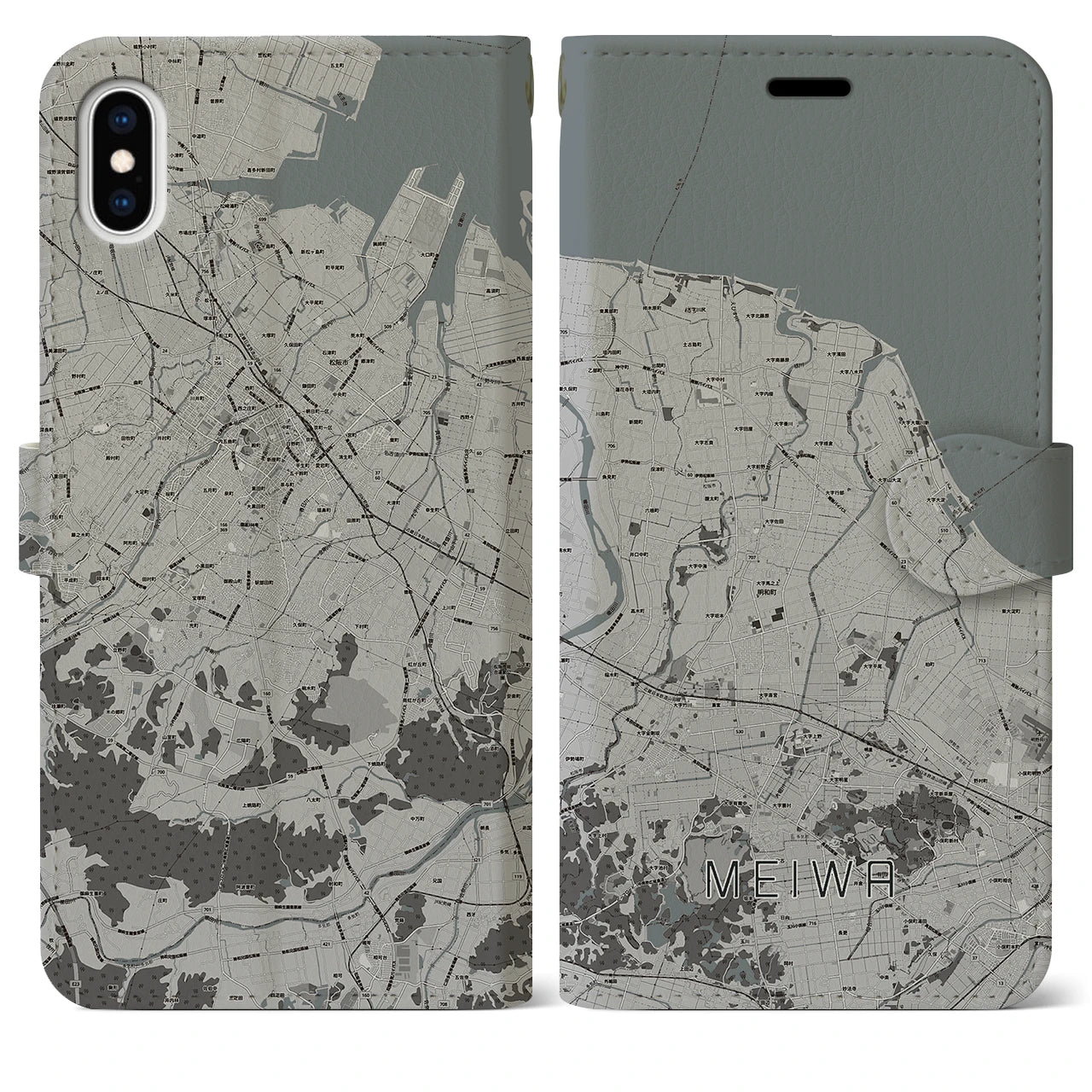 【明和(三重県)】地図柄iPhoneケース(手帳タイプ)モノトーン・iPhone XS Max 用
