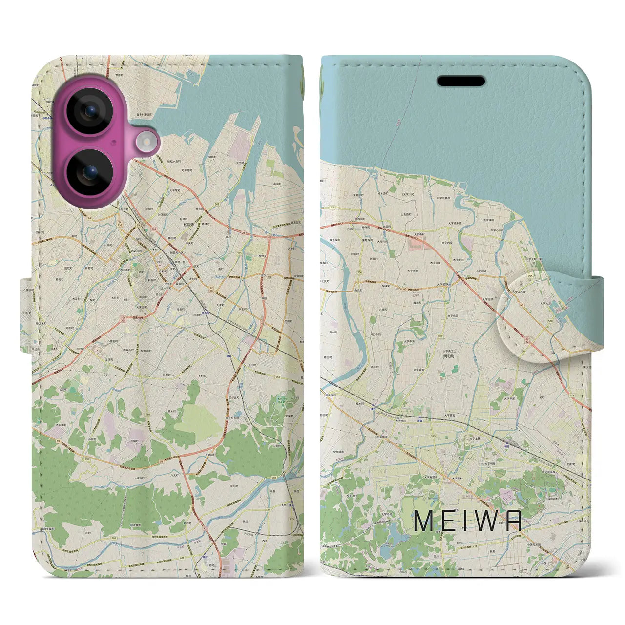 【明和(三重県)】地図柄iPhoneケース(手帳タイプ)ナチュラル・iPhone 16 Pro 用